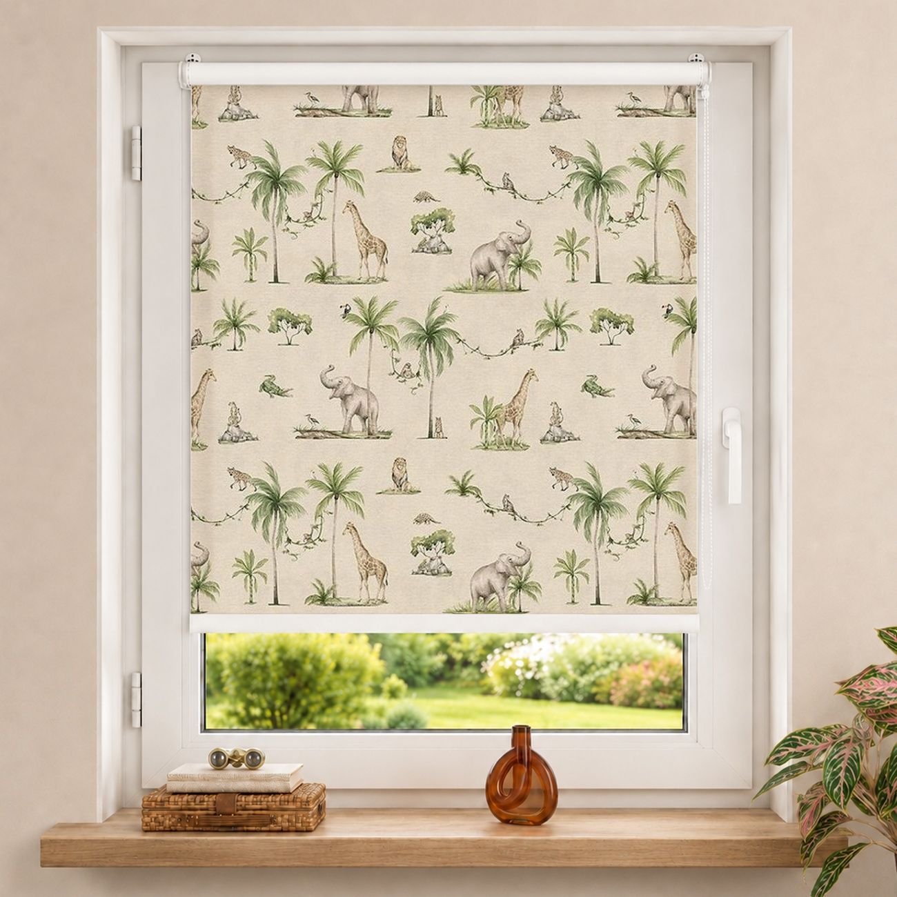 Rollo Dschungel mit Elefant und Giraffe Muster Beige