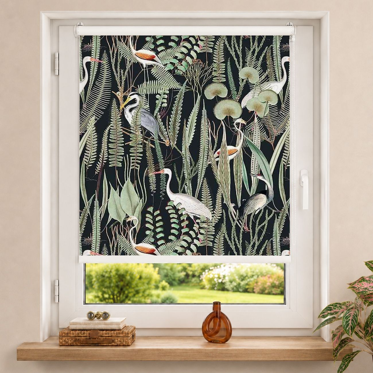 Rollo Flamingos und Störche mit Pflanzen auf Grün