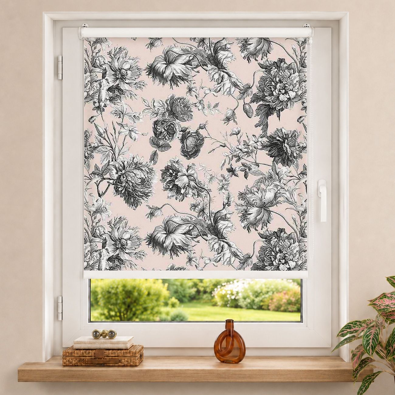 Rollo Floraler Kupferstich Graubeige