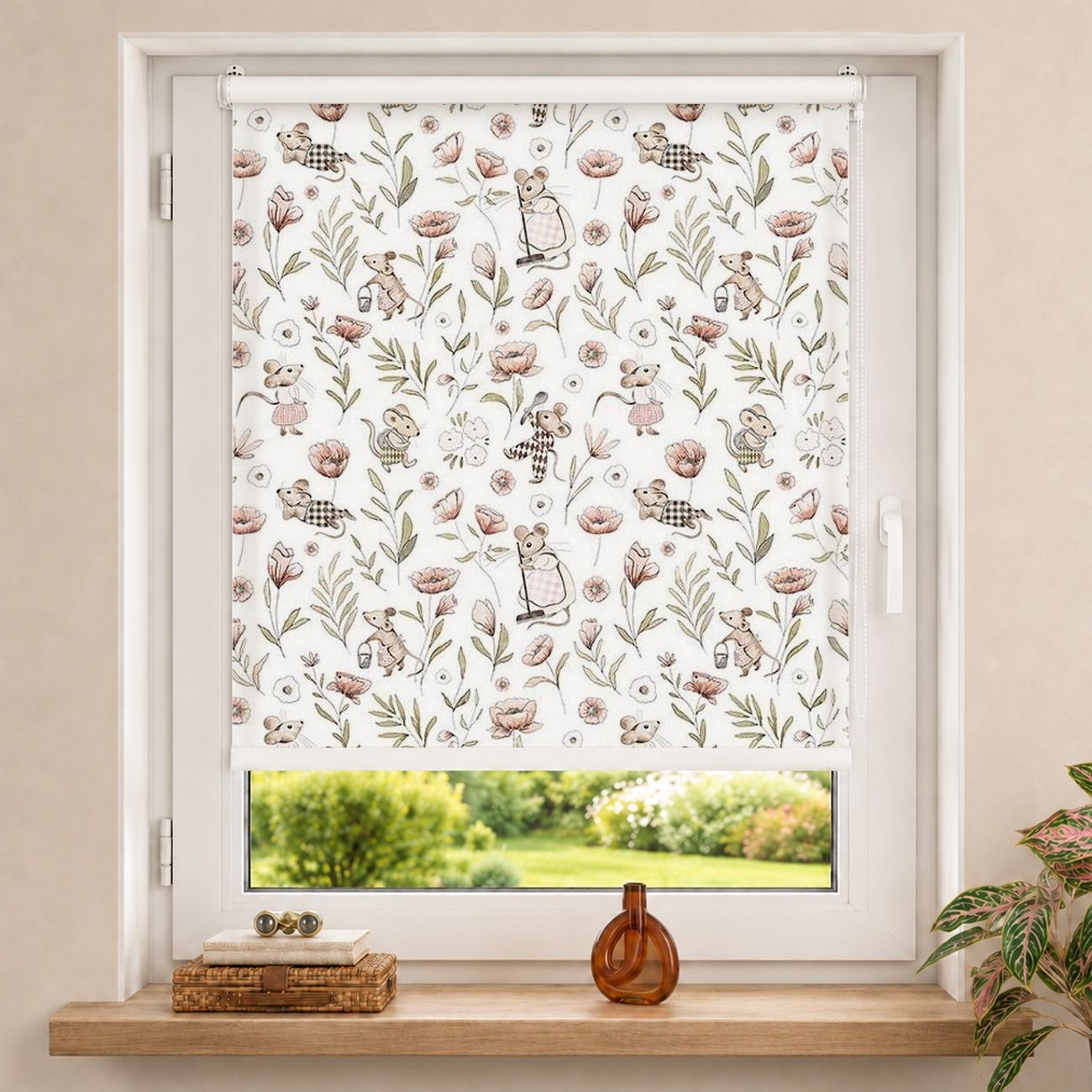 Rollo Mäuse und Mohnblumen Muster Weiß