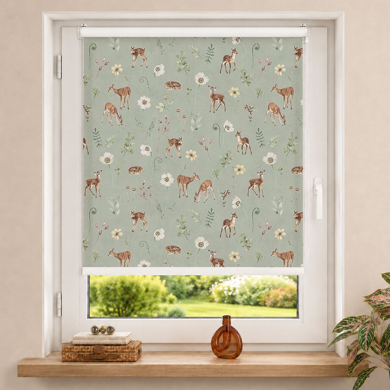 Rollo Reh mit Blüten Muster Grün