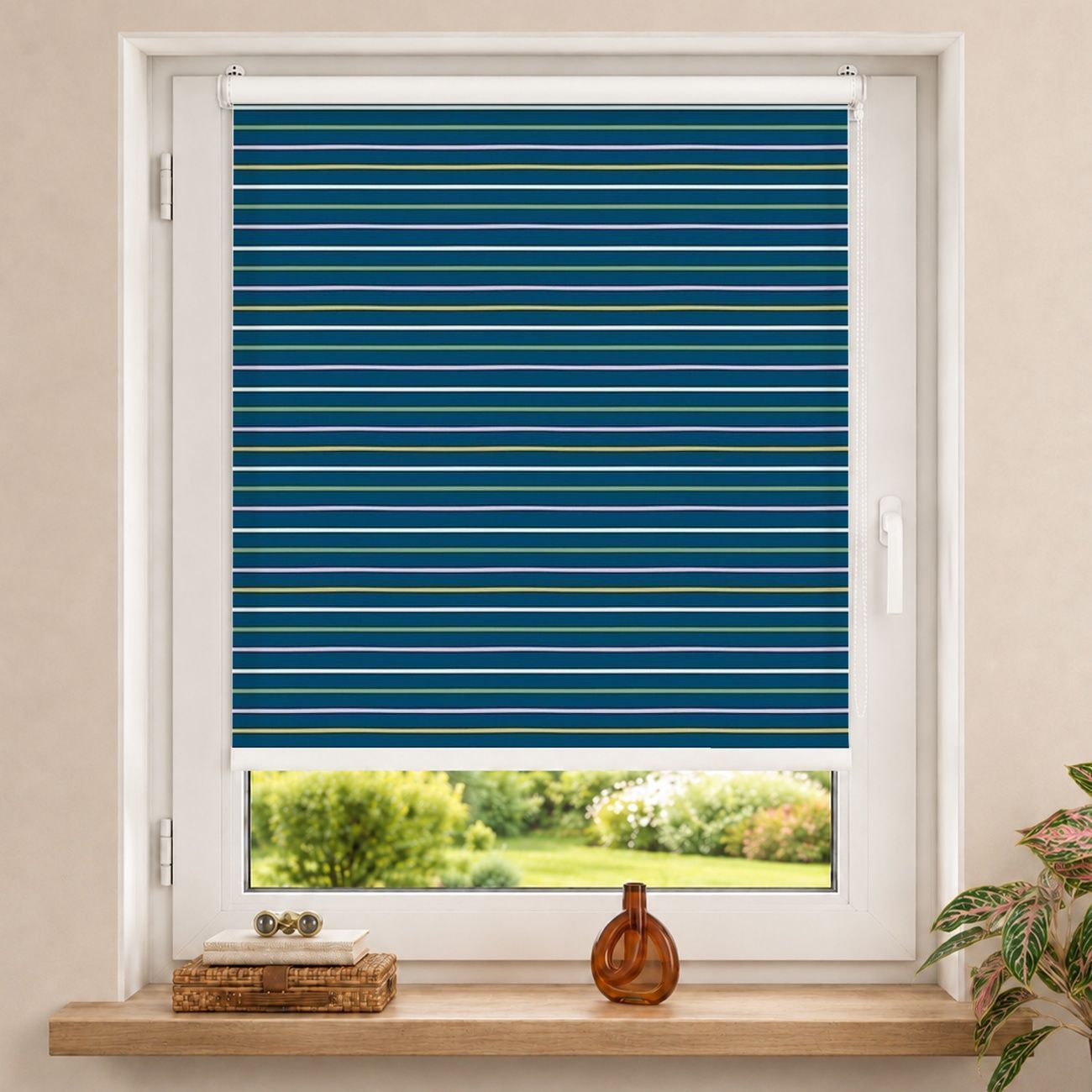 Rollo Sommerurlaub Streifen auf Blau Quer