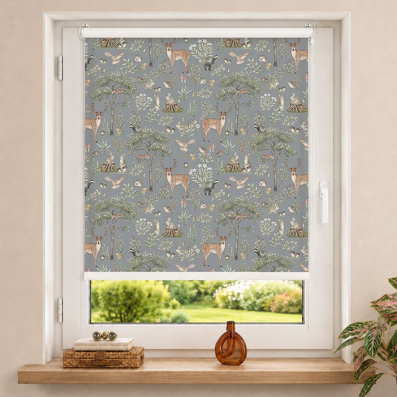 Rollo Waldtiere Bäume Muster Graublau