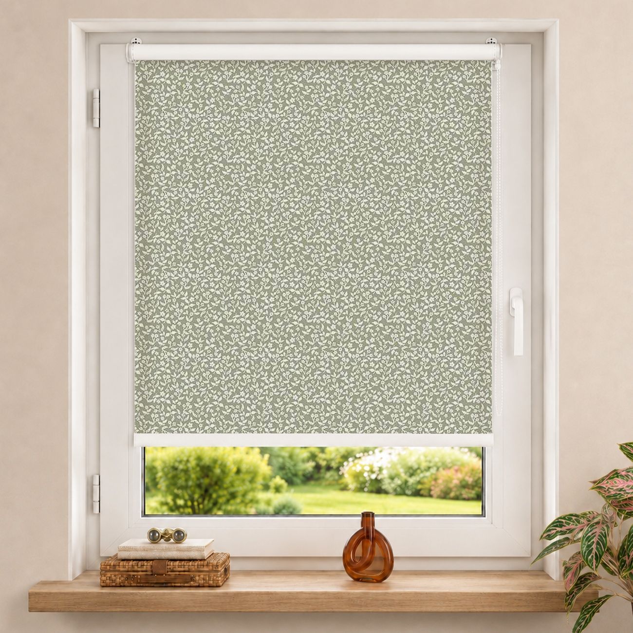 Rollo Zarte beige Blumenwiese auf Salbeigrün