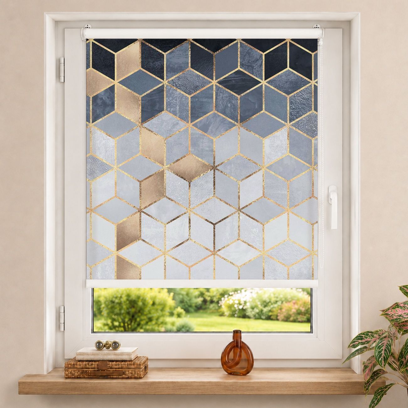 Rollo Blau Weiß goldene Geometrie