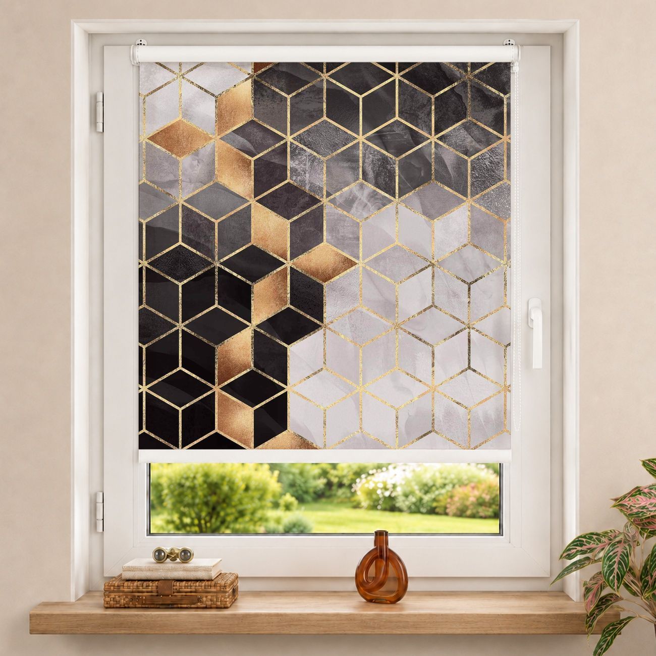 Rollo Schwarz Weiß goldene Geometrie II