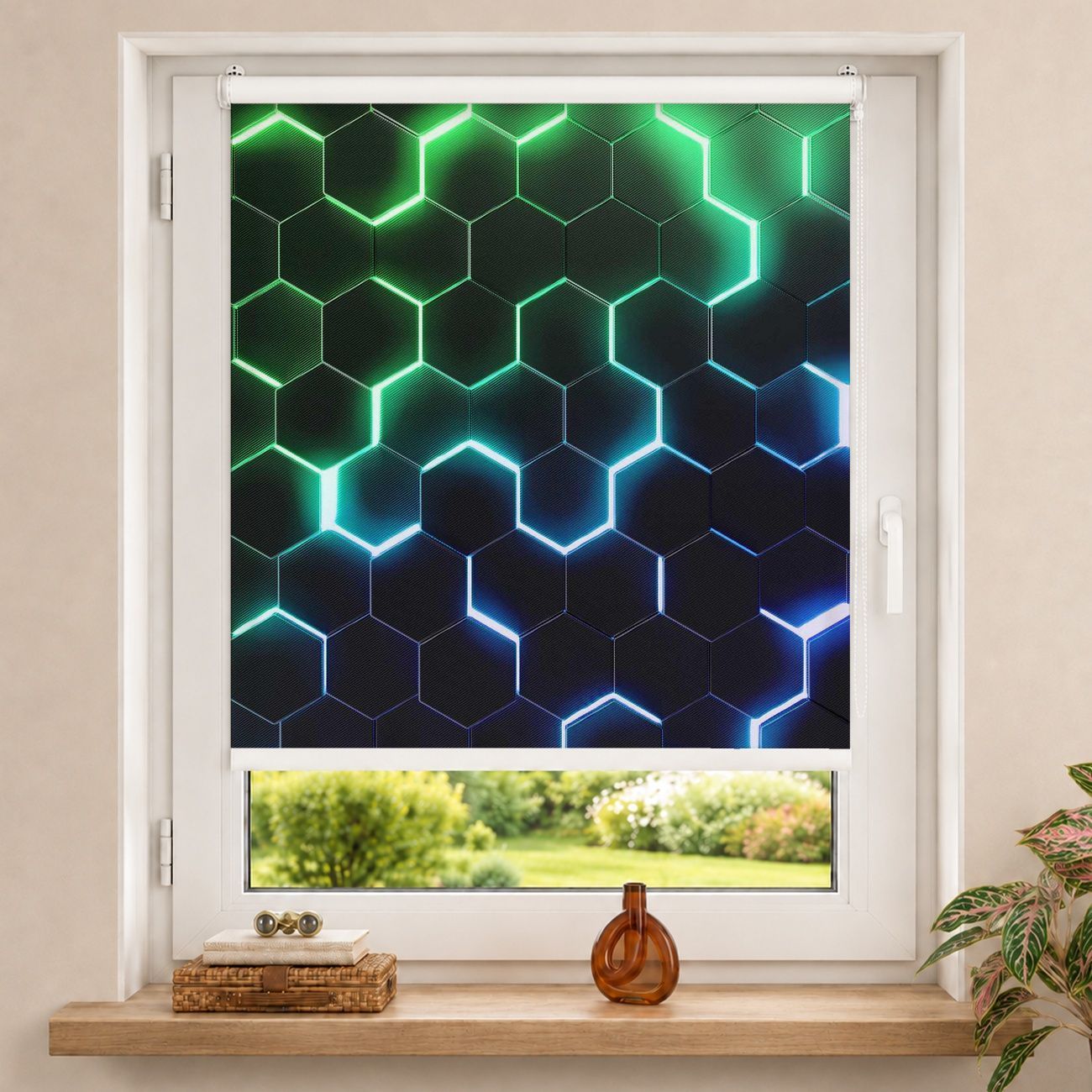 Rollo Strukturierte Hexagone mit Neonlicht in Grün und Blau