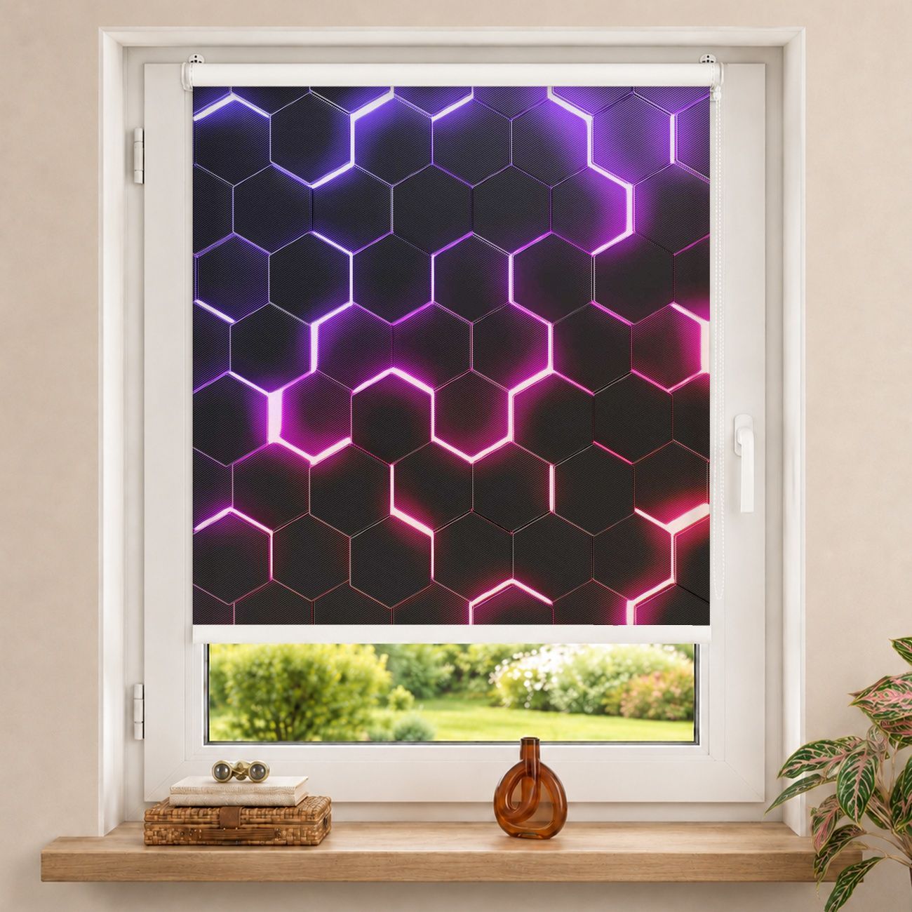Rollo Strukturierte Hexagone mit Neonlicht in Rosa und Lila