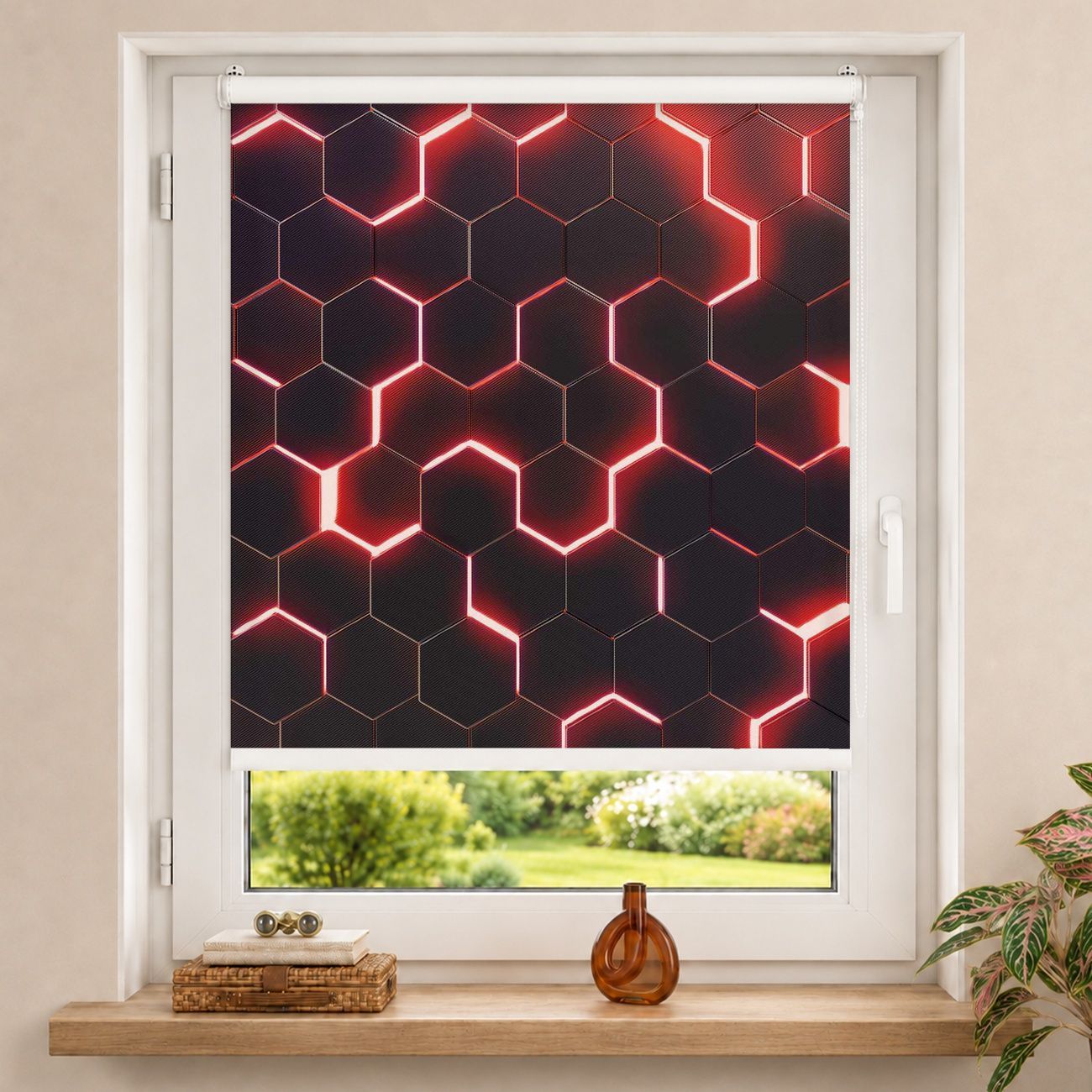 Rollo Strukturierte Hexagone mit Neonlicht in Rot