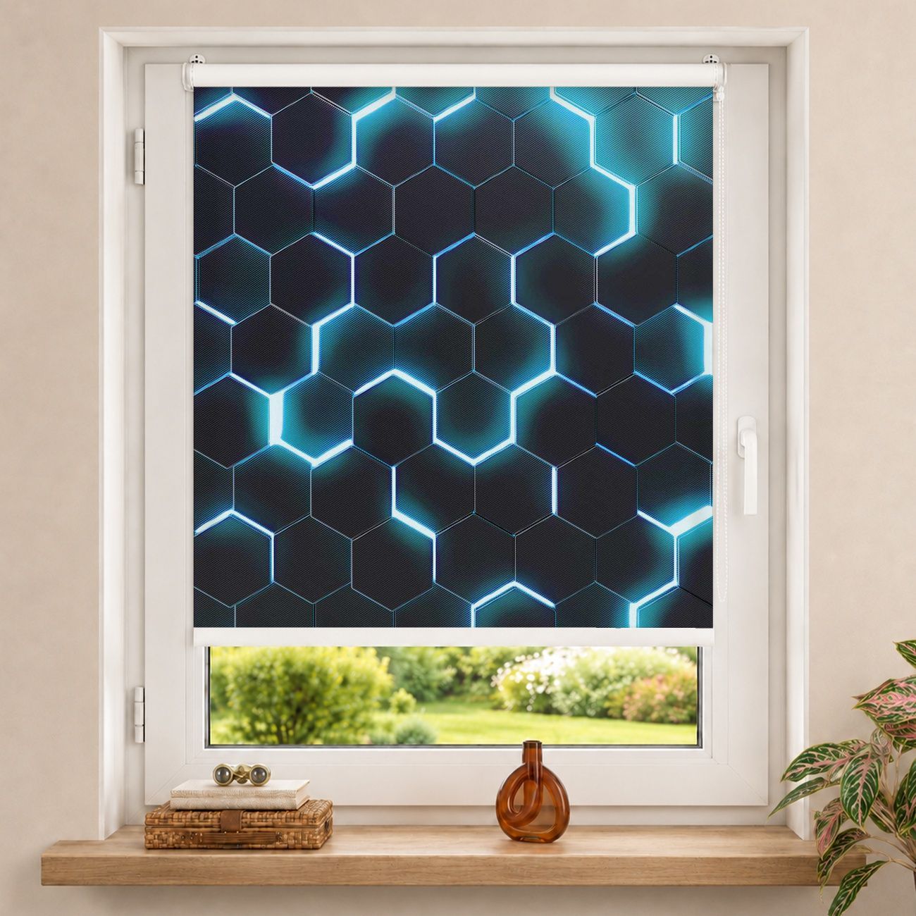 Rollo Strukturierte Hexagone mit Neonlicht in Türkis