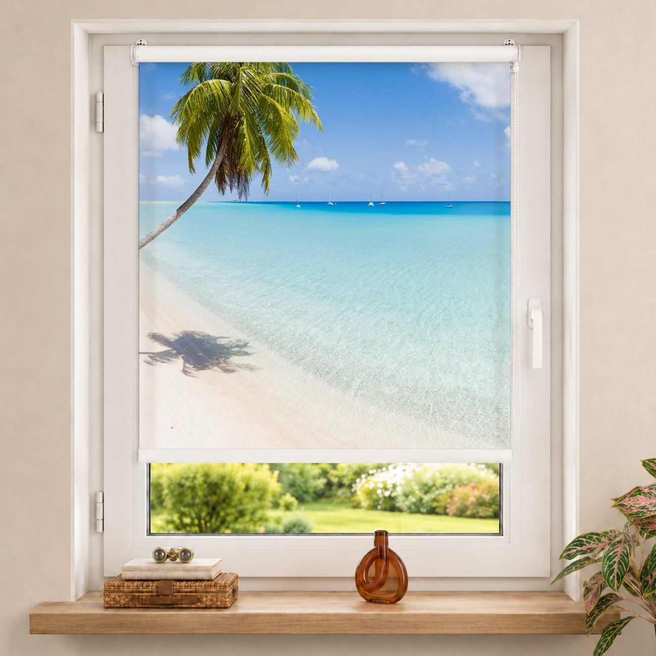 Rollo Traumstrand mit Palmen und türkisblauem Meer