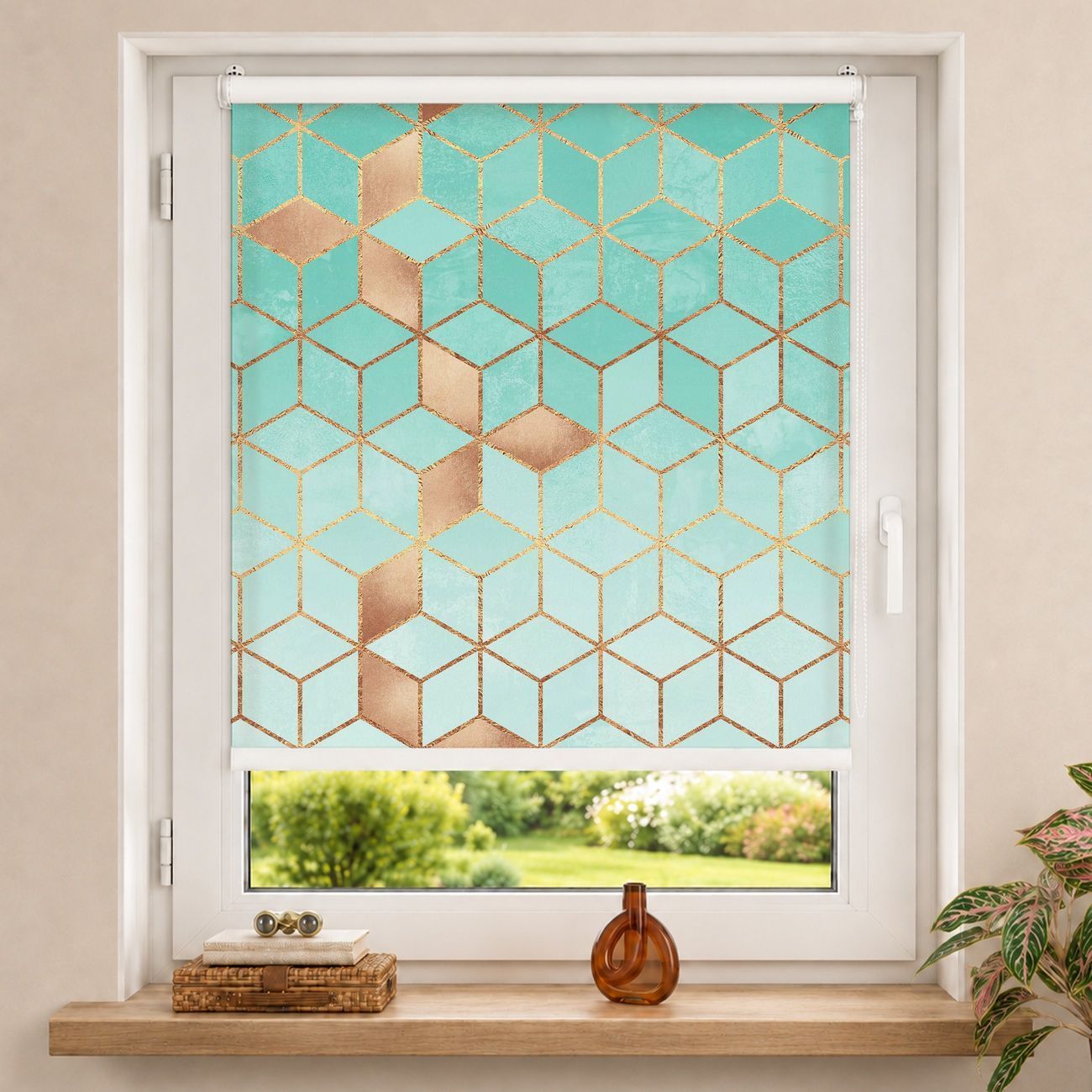 Rollo Türkis Weiß goldene Geometrie
