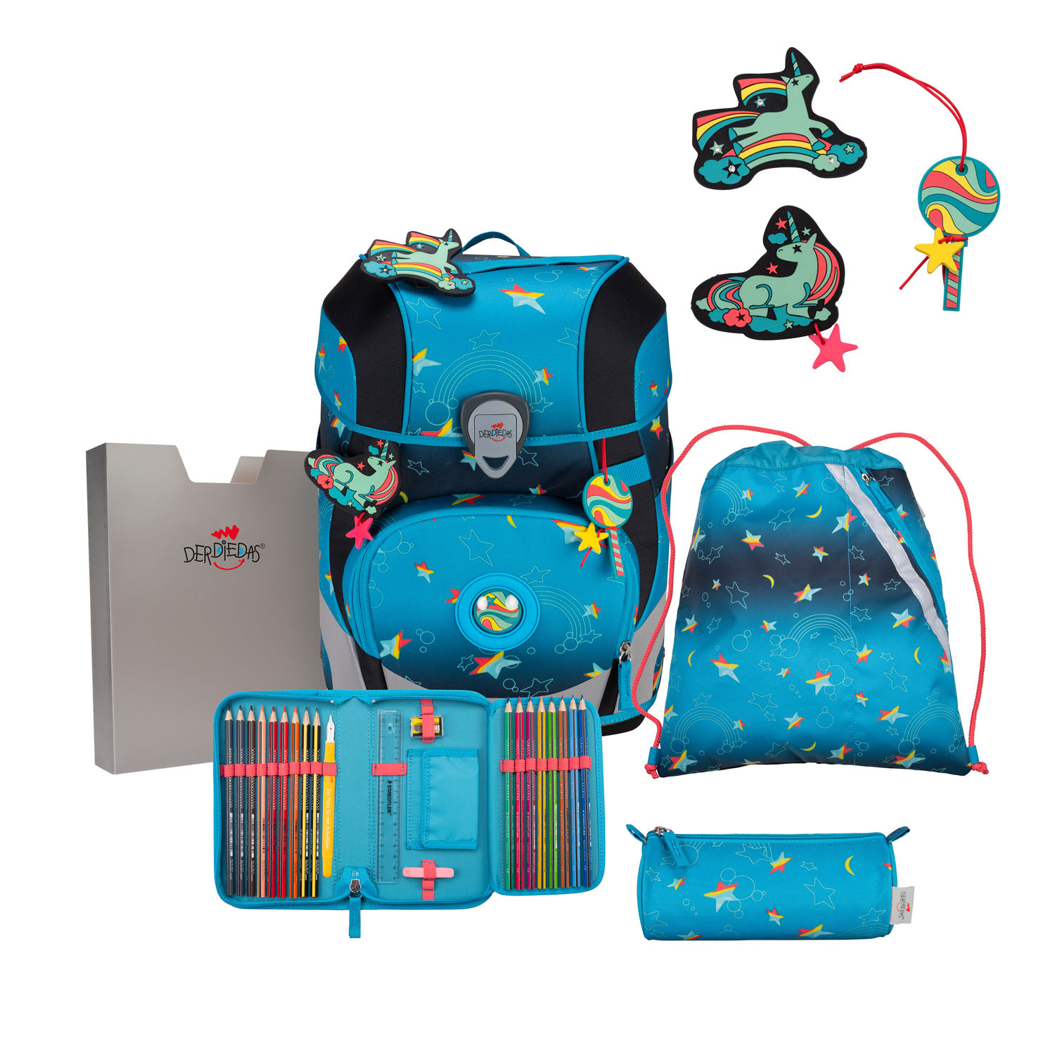 DerDieDas ErgoFlex Tiny Exklusiv LED Schulrucksack 5-teiliges Set Rainbow Star