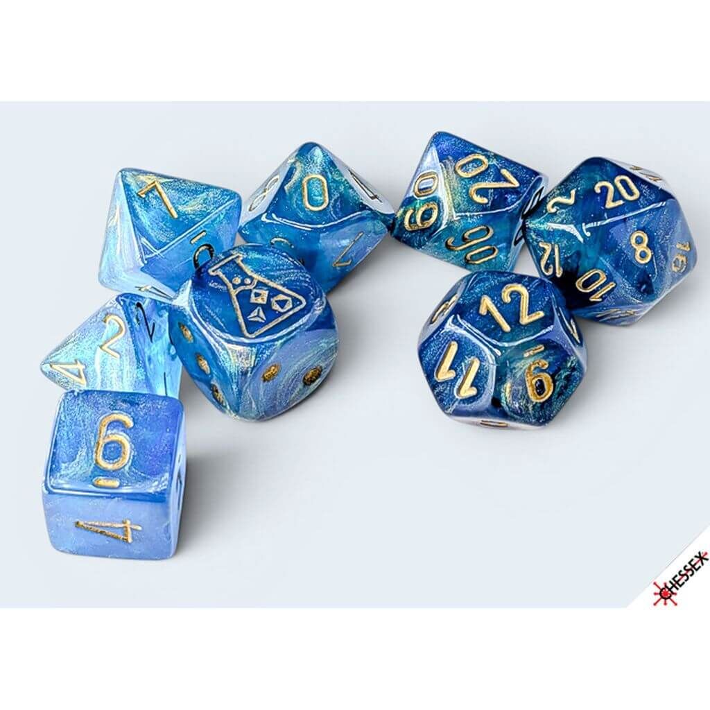 Shimmer Polyederwürfel Wasserblau/Gold 7-Würfel-Set