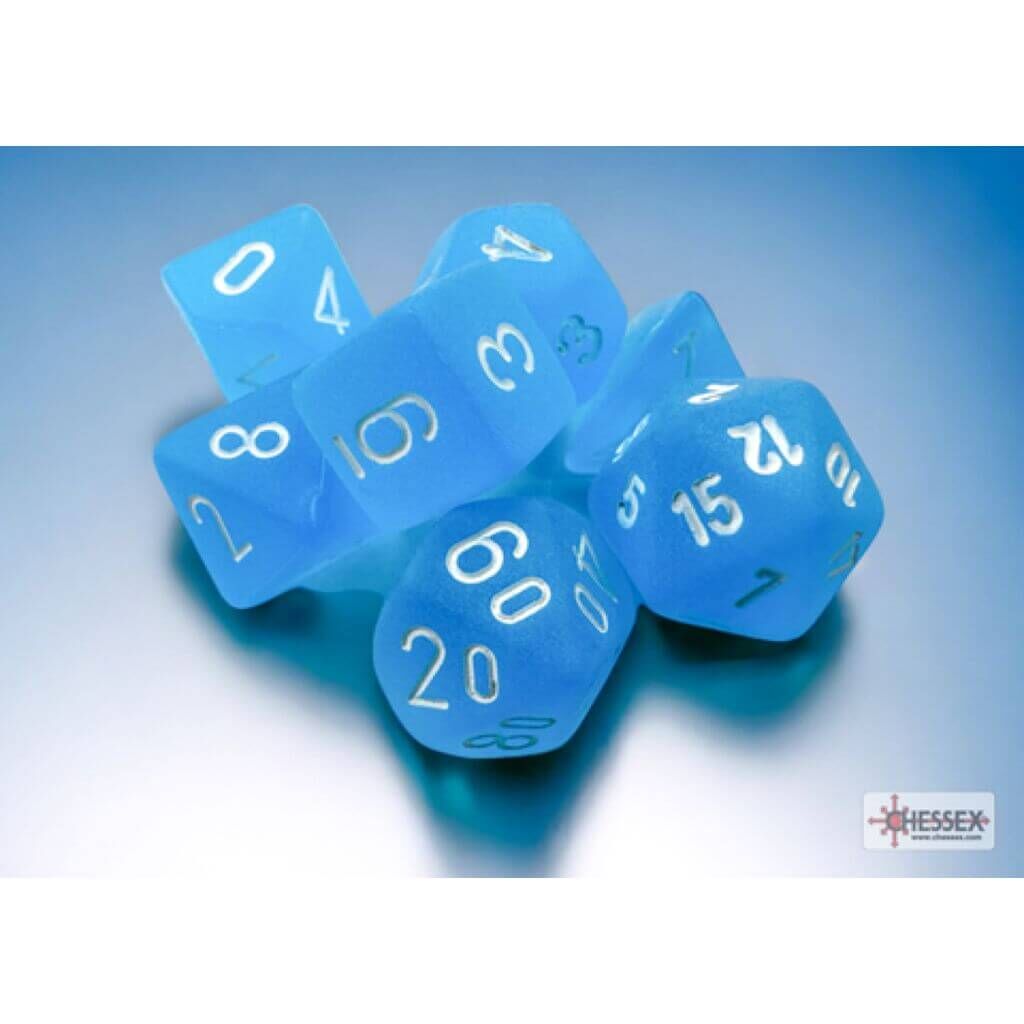 Chessex Frosted Mini-Polyeder Würfel Karibikblau/weiß 7er-Set