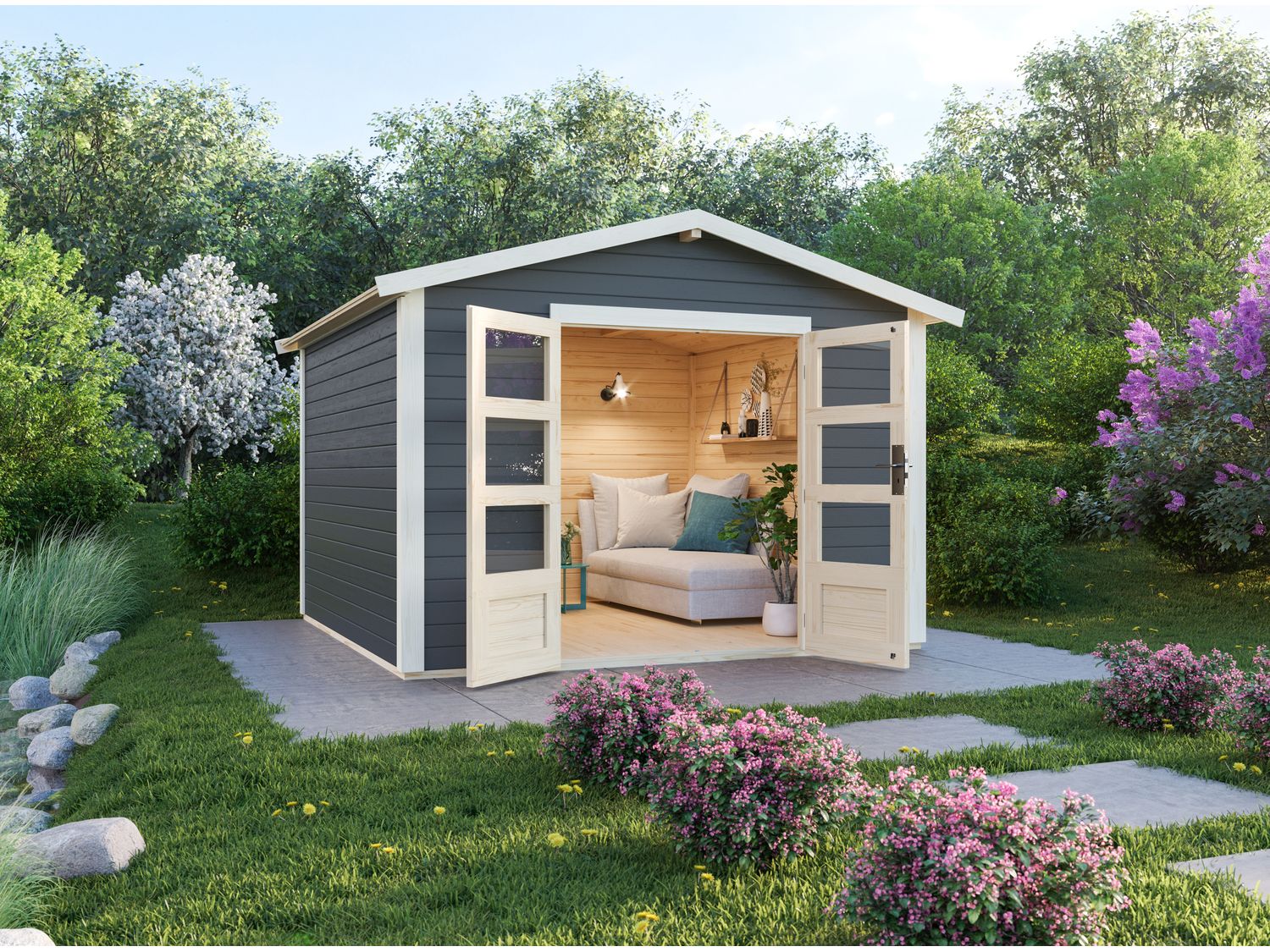 Karibu Carlos Satteldach Gartenhaus (inkl Boden, terragrau, B 304 x H 238 x T 304)
