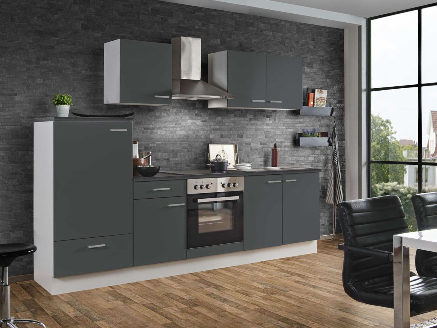 Menke Küchenzeile 'Classic' 270/280/300/310 cm (ohne Geschirrspüler, Bordstein, Anthrazit, 270 cm)