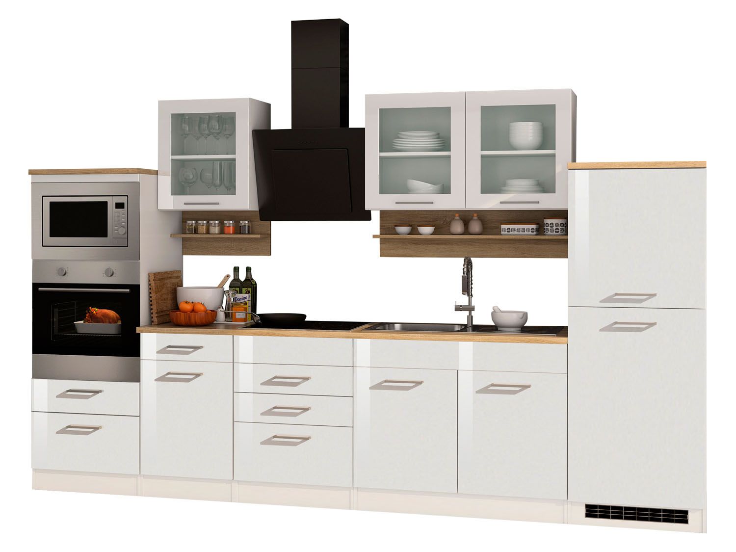 HELD Küchenzeile Mailand 220-390cm (inkl. E-Geräte/mit Mikrowelle, Hochglanz-weiß/eiche sonoma, 330 cm)