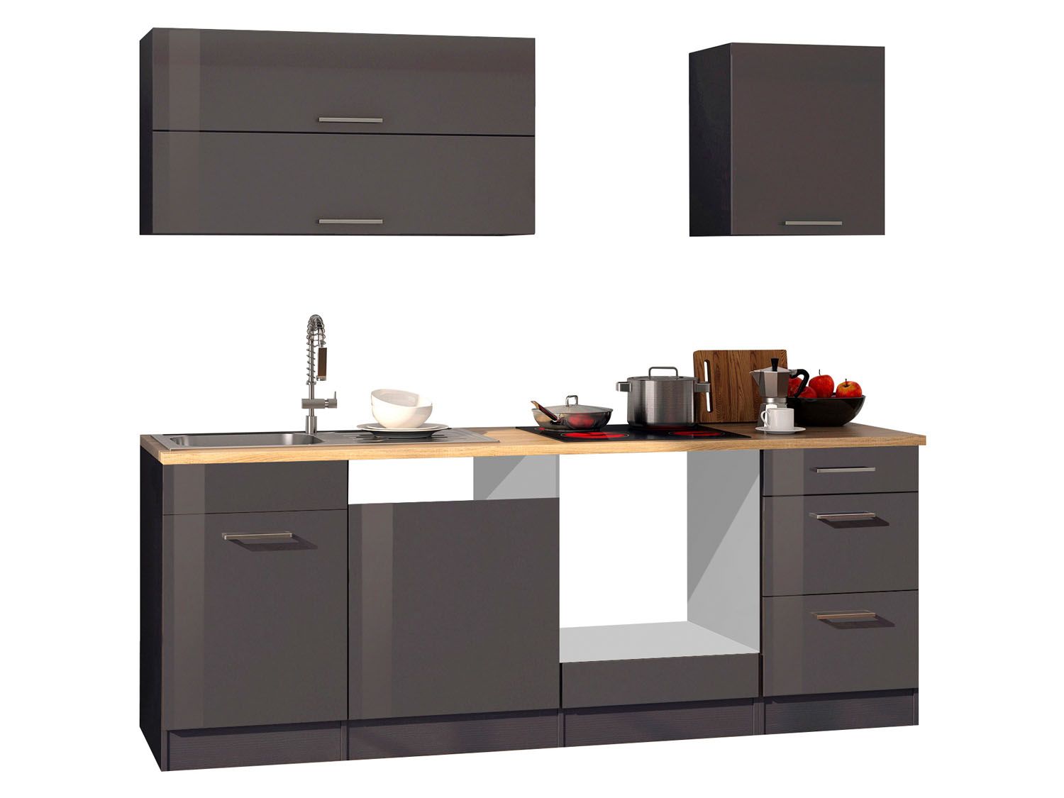 HELD Küchenzeile Mailand 220-390cm (ohne E-Geräte, Hochglanz-grau/eiche sonoma, 220 cm)