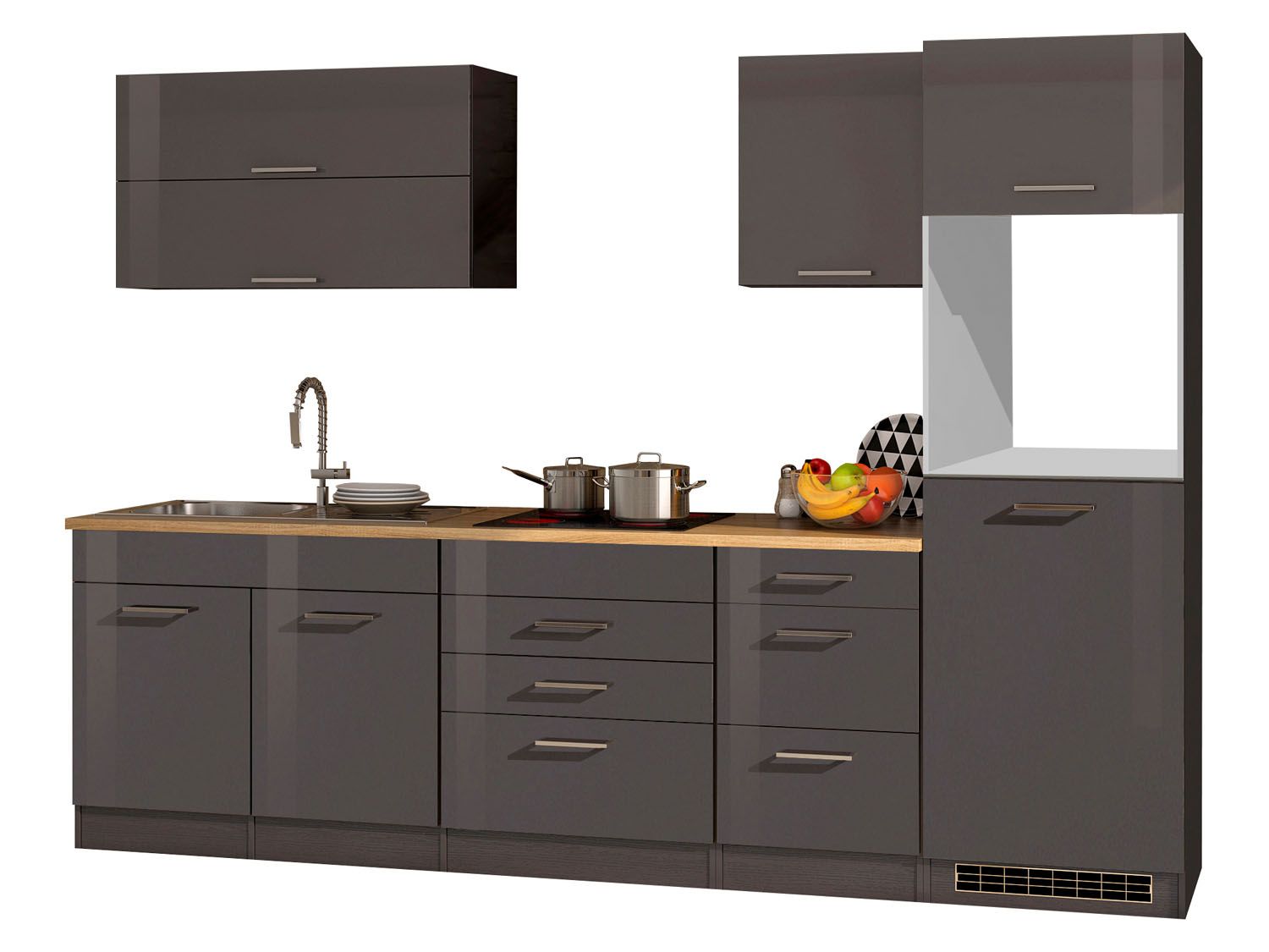 HELD Küchenzeile Mailand 220-390cm (ohne E-Geräe,Kühlschr. extern, Hochglanz-grau/eiche sonoma, 290 cm)