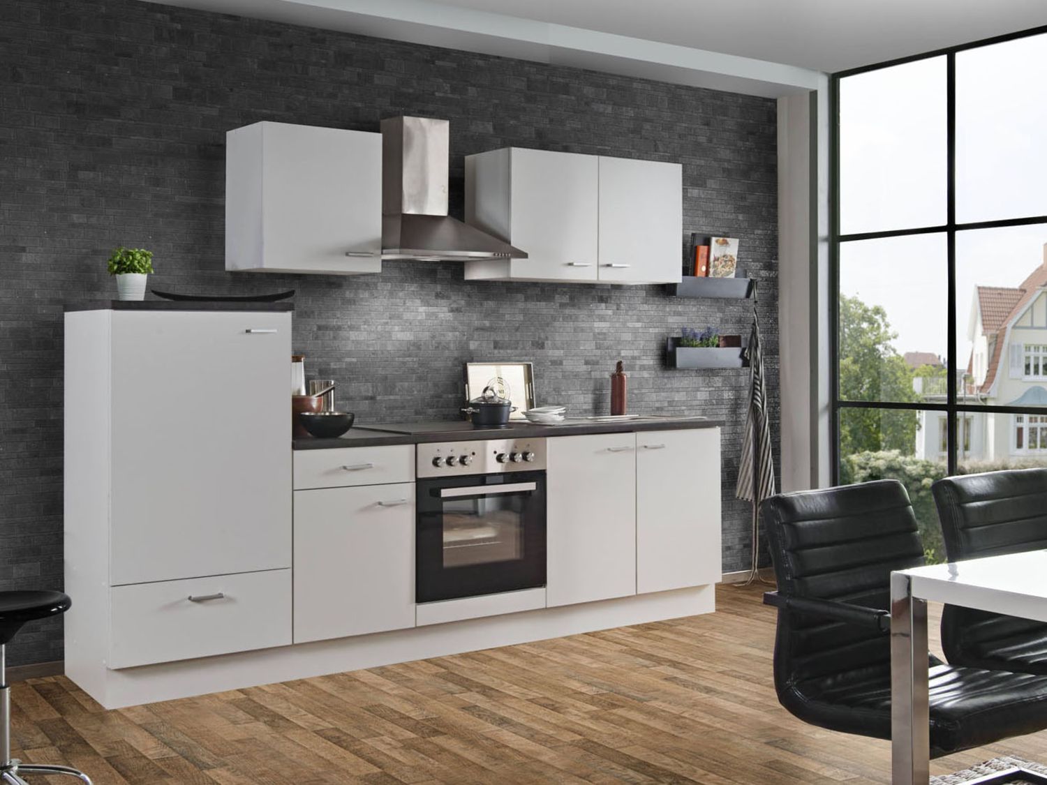 Menke Küchenzeile 'Classic' 270/280/300/310 cm (ohne Geschirrspüler, Bordstein, Weiss matt, 270 cm)