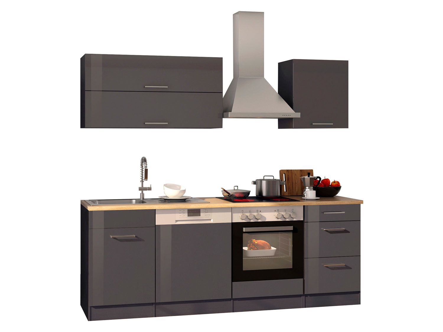 HELD Küchenzeile Mailand 220-390cm (inkl. E-Geräte, Hochglanz-grau/eiche sonoma, 220 cm)