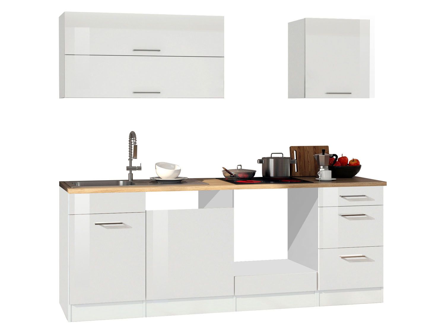 HELD Küchenzeile Mailand 220-390cm (ohne E-Geräte, Hochglanz-weiß/eiche sonoma, 220 cm)