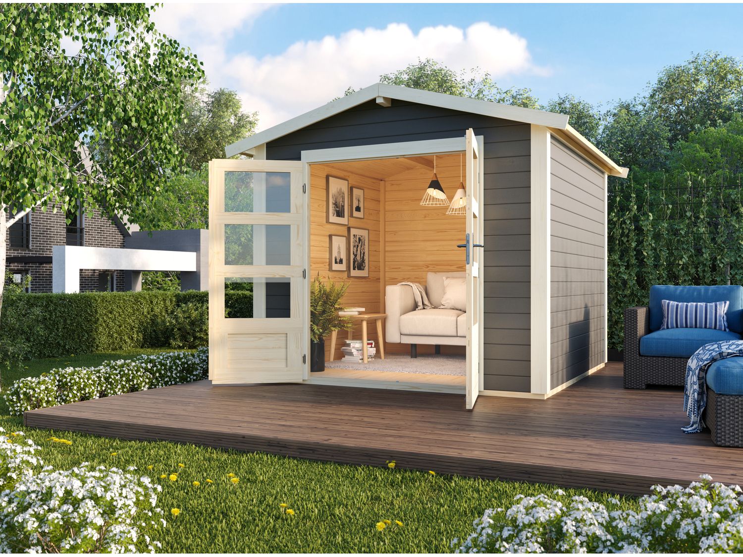 Karibu Carlos Satteldach Gartenhaus (inkl Boden, terragrau, B 244 x H 230 x T 244)