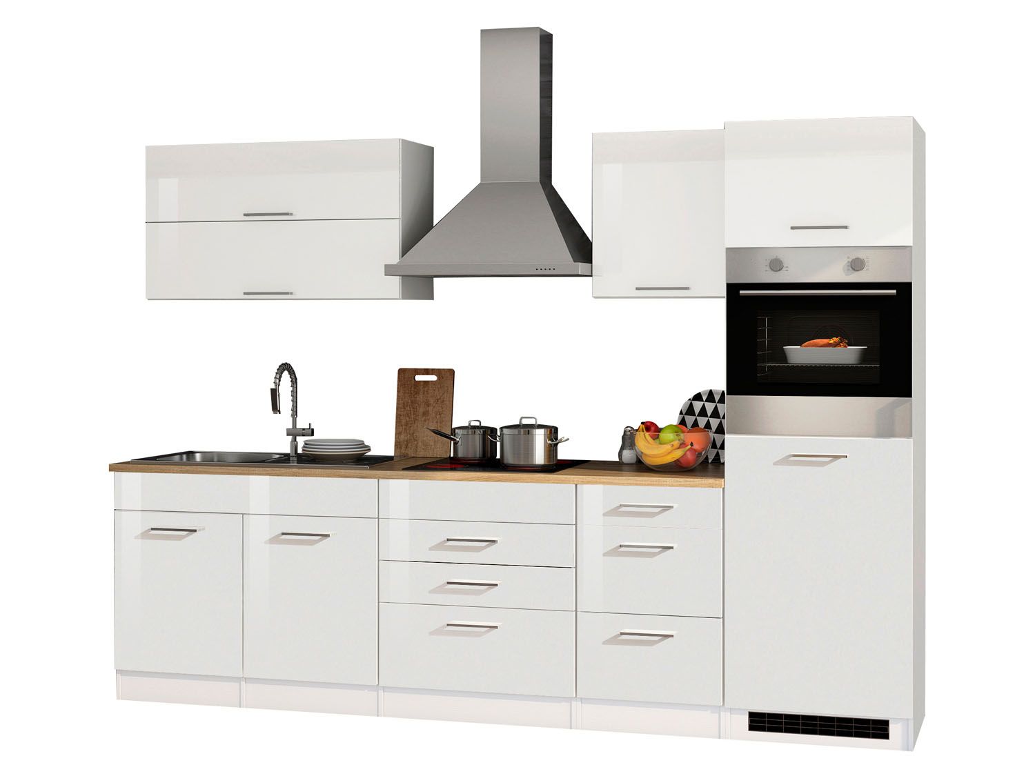 HELD Küchenzeile Mailand 220-390cm (inkl.E-Geräte/ohne Kühlschrank, Hochglanz-weiß/eiche sonoma, 290 cm)