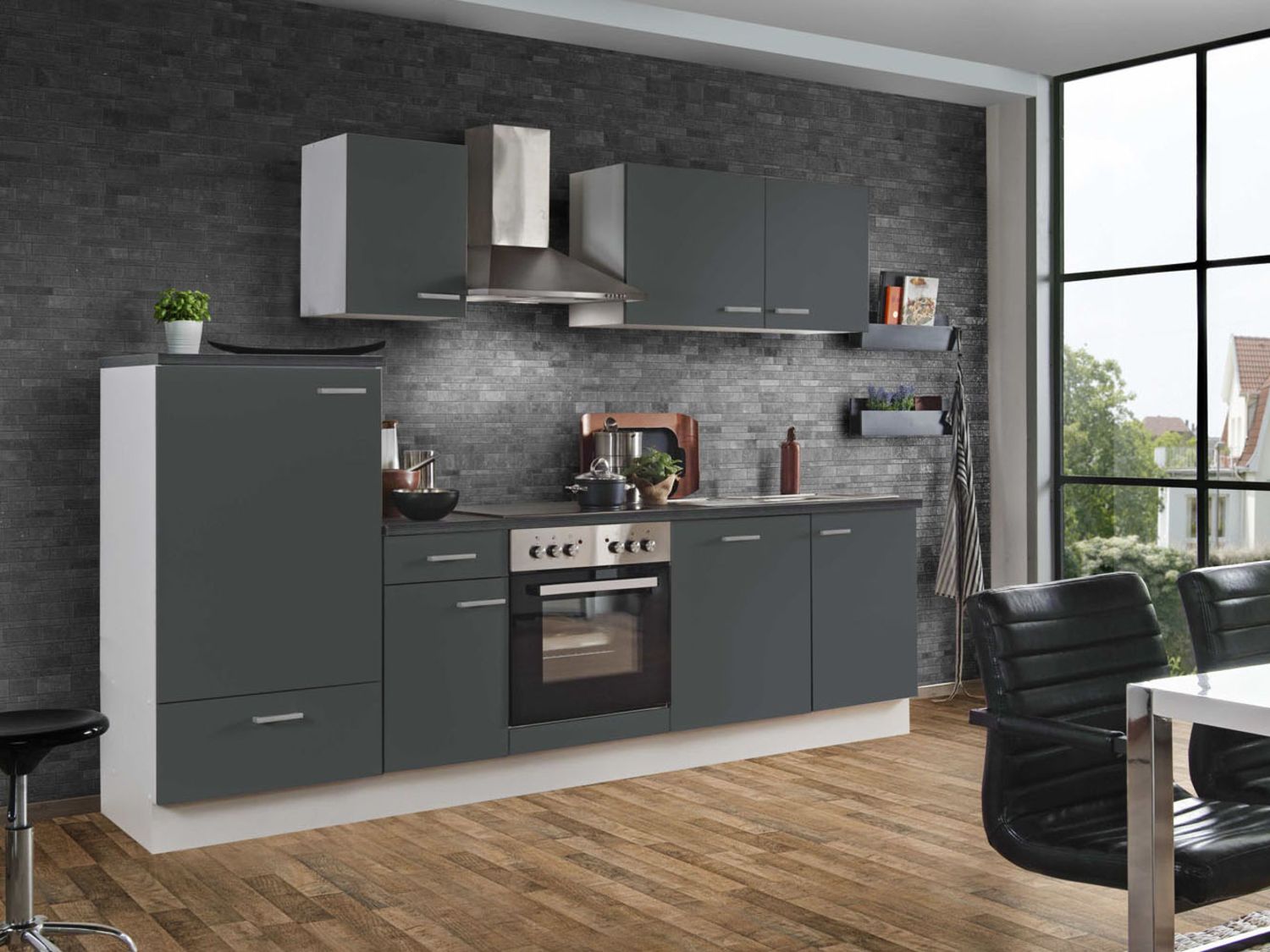 Menke Küchenzeile ''Classic'' 270/280/300/310 cm (mit Geschirrs, frei Verwendung, Anthrazit, 270 cm)''