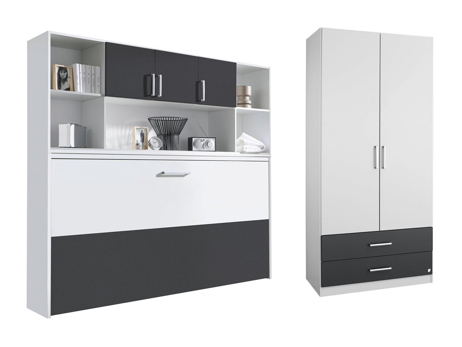 RAUCH ORANGE ALBERO Querklappbett mit Regalelement und Schrank (Schrank: 2-türig, Alpinweiß, Grau-metallic)