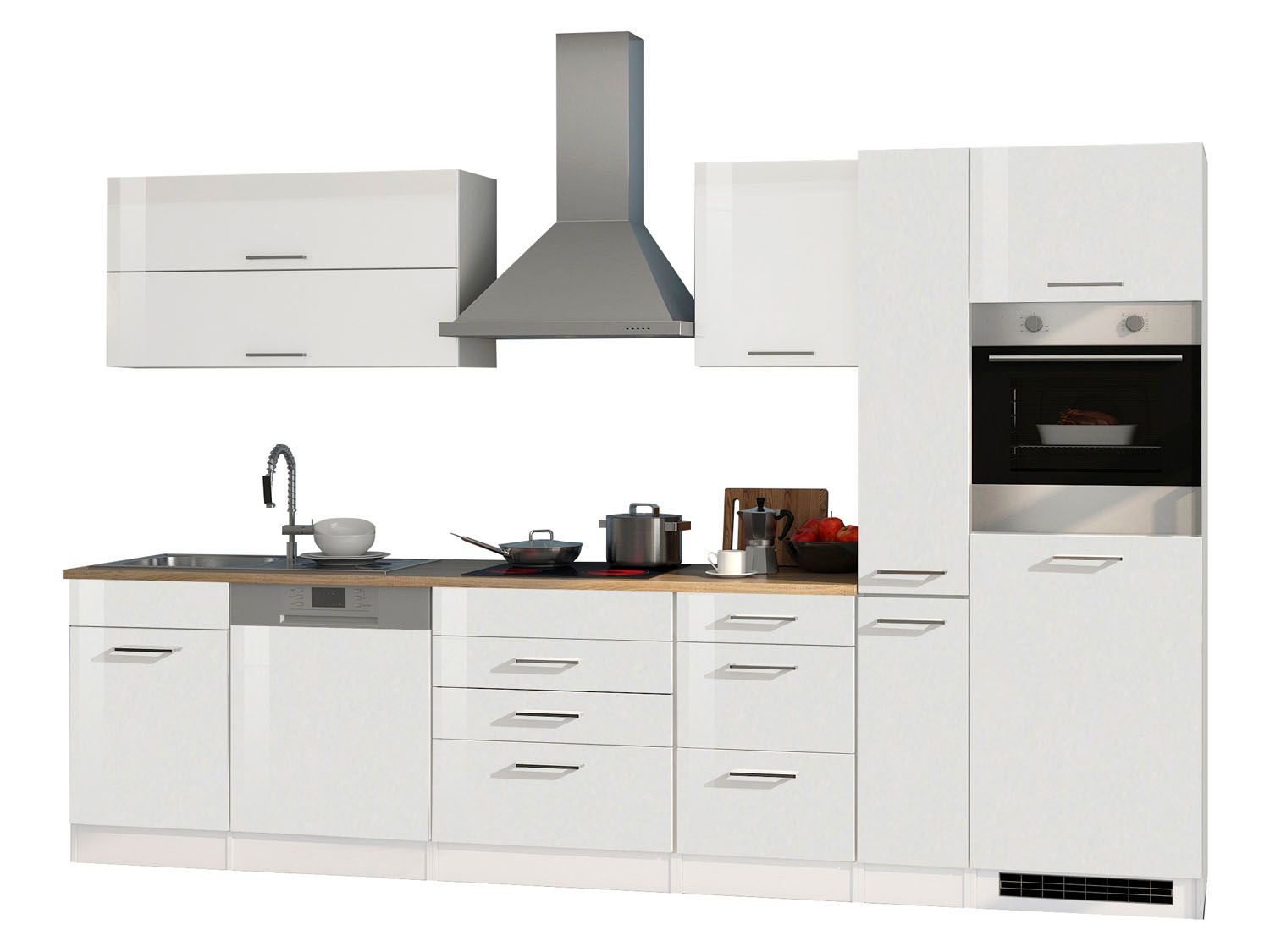 HELD Küchenzeile Mailand 220-390cm (inkl. E-Geräte/ohne Mikrowelle, Hochglanz-weiß/eiche sonoma, 330 cm)