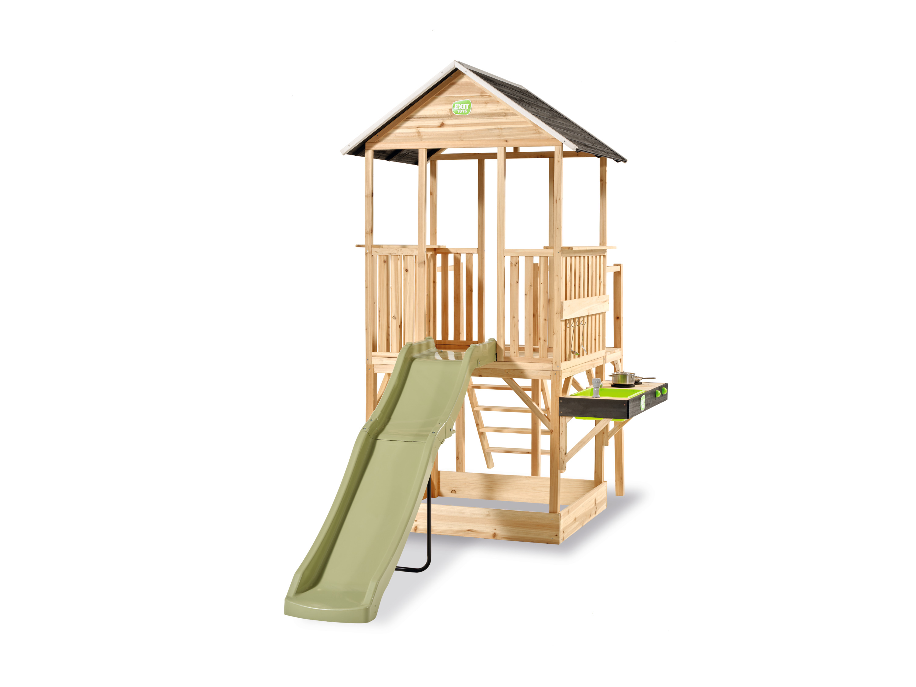 EXIT TOYS Panorama Holzspielhaus mit Rutsche (Matschküche und Sandkasten)''