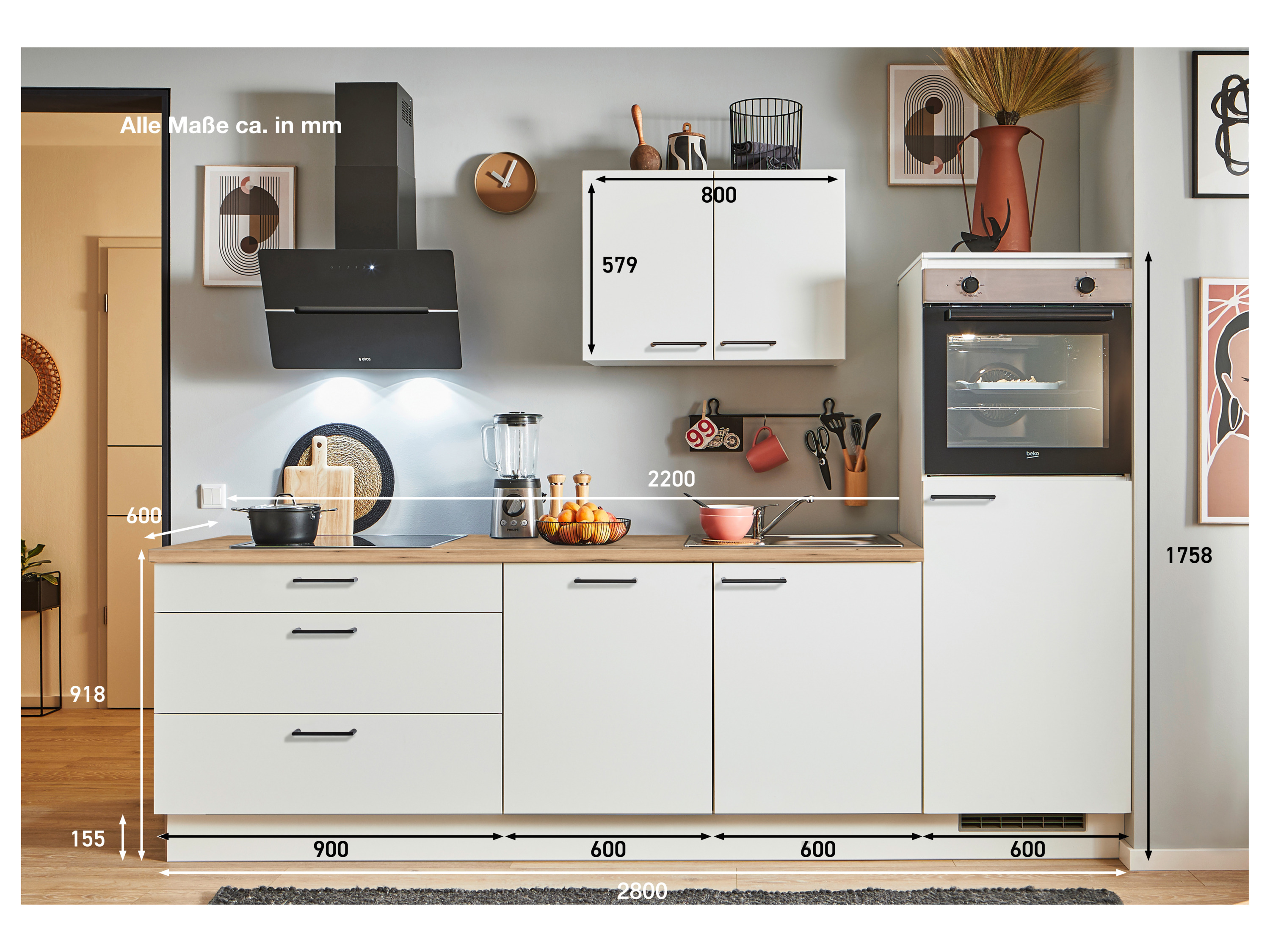 pino Küchen Küchenzeile, 270/280 cm, mit Elektrogeräten (Anschlag rechts, Weiß, 270 cm)