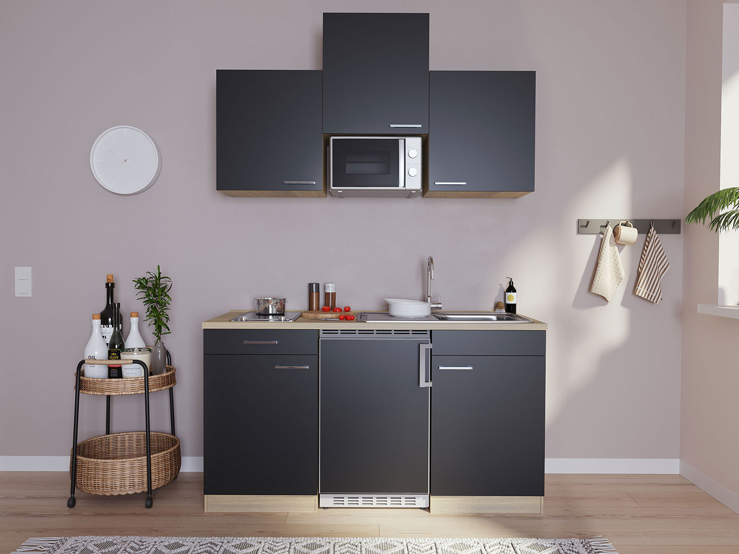 Respekta Singleküche Eiche Sonoma Sägerau 150/160/180cm (mit Mikrowelle, schwarz / Glaskeramikkochfeld, Breite 150cm)