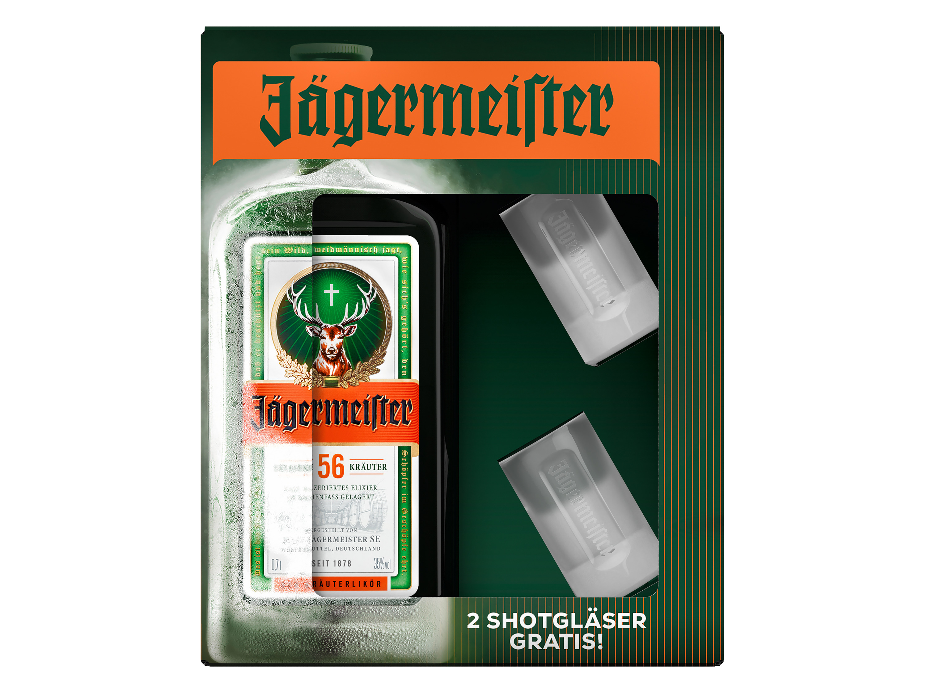 JÄGERMEISTER Kräuterlikör mit Geschenkbox und Shotgläsern 35% Vol