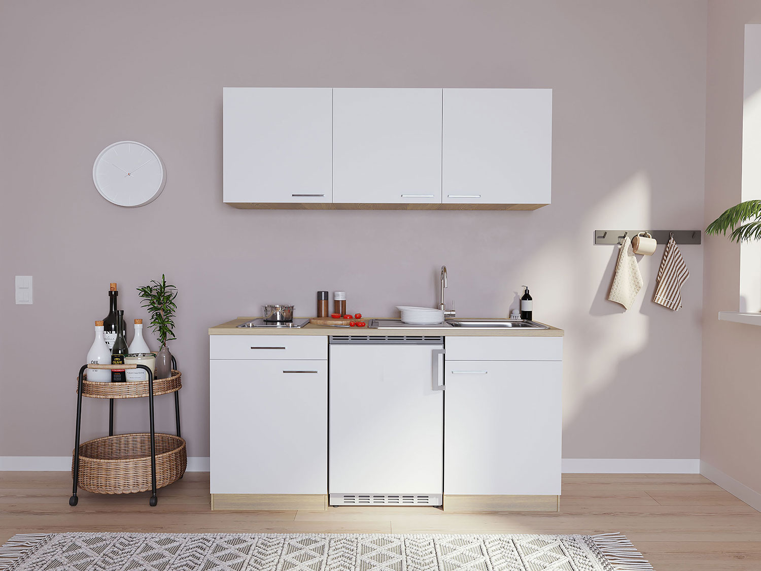 Respekta Singleküche Eiche Sonoma Sägerau 150/160/180cm (ohne Mikrowelle, weiß mit Glaskeramikkochfeld, Breite 150cm)