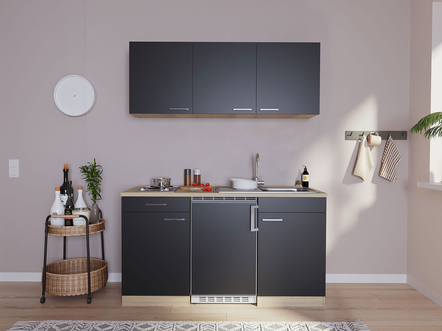 Respekta Singleküche Eiche Sonoma Sägerau 150/160/180cm (ohne Mikrowelle, schwarz mit Kochmulde, Breite 150cm)