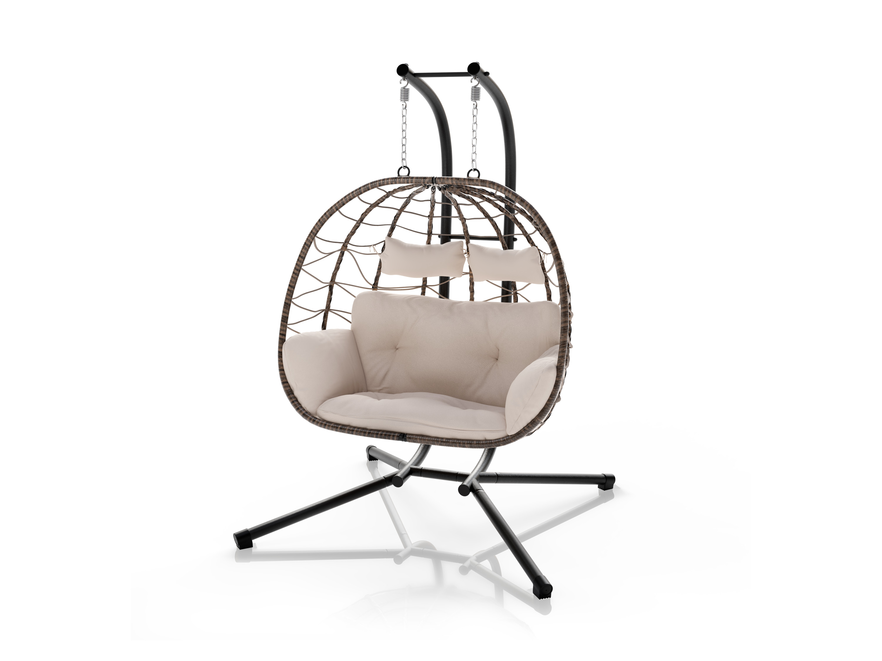 JUSKYS Doppel Hängesessel Aria aus Polyrattan mit Gestell (Beige)