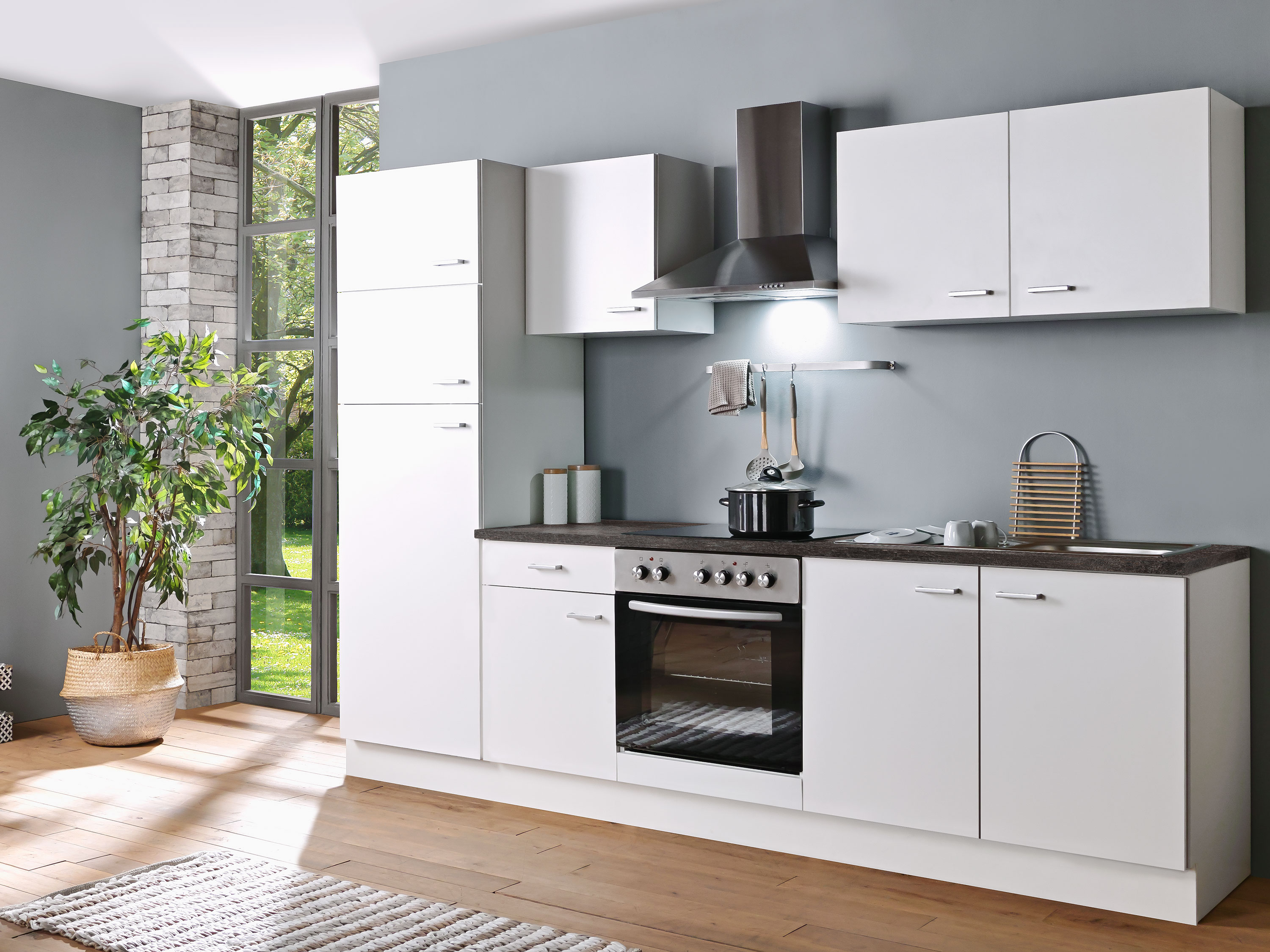 Menke Küchenblock Classic 1 (ohne Geschirrspüler, 270 cm, White, Marmoroptik, Frei Bordstein)