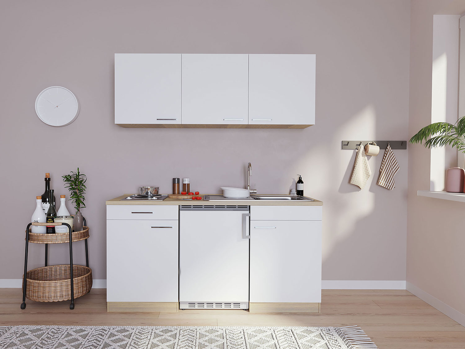 Respekta Singleküche Eiche Sonoma Sägerau 150/160/180cm (ohne Mikrowelle, weiß mit Kochmulde, Breite 150cm)