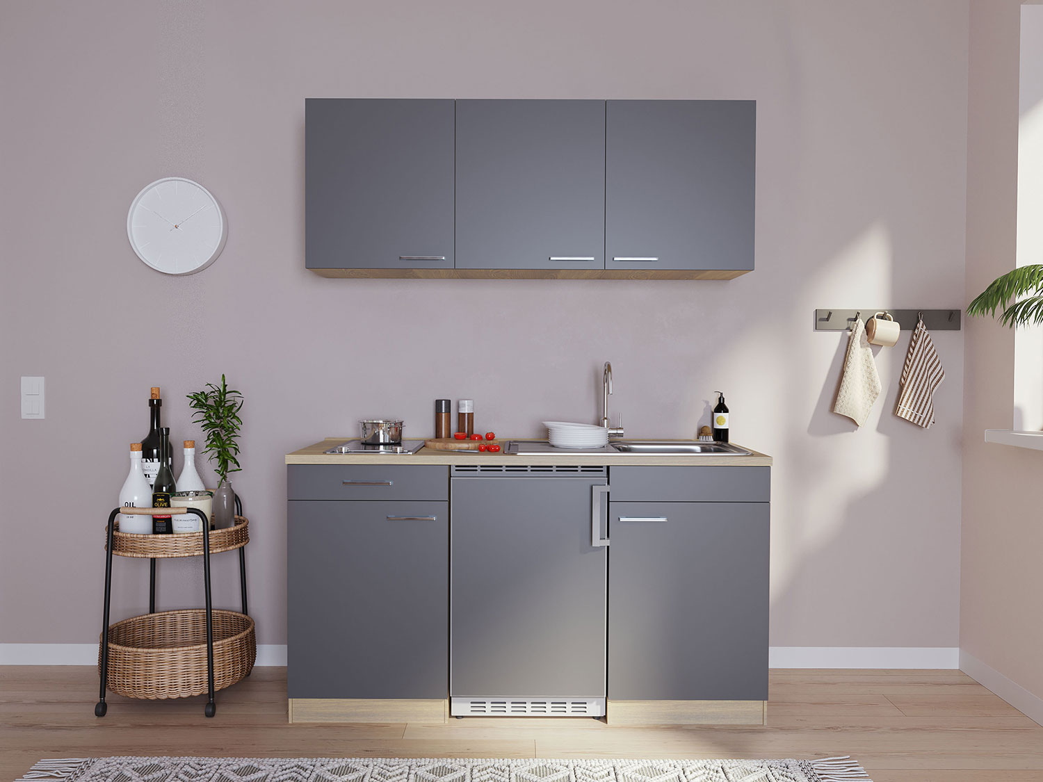 Respekta Singleküche Eiche Sonoma Sägerau 150/160/180cm (ohne Mikrowelle, grau mit Glaskeramikkochfeld, Breite 150cm)