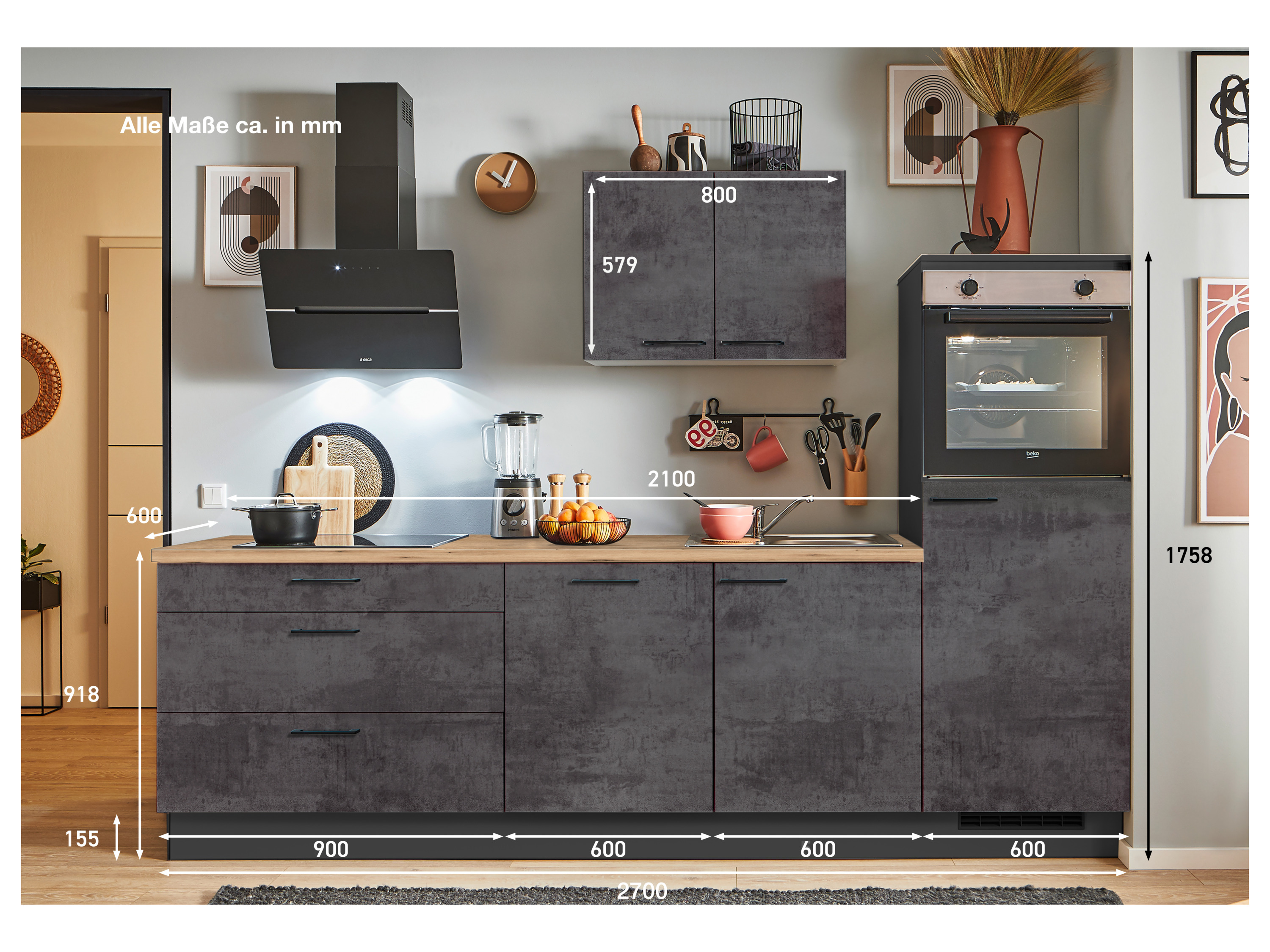 pino Küchen Küchenzeile, 270/280 cm, mit Elektrogeräten (Anschlag rechts, Beton Grafitgrau, 270 cm)