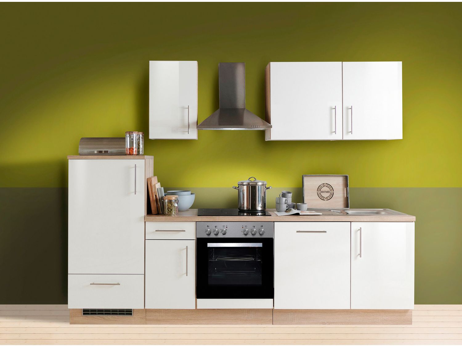 Menke Küchenblock Premium 270/280/300/310cm (mit Geschirrspüler, 270 cm / Weiss glanz, frei Verwendungsstelle)