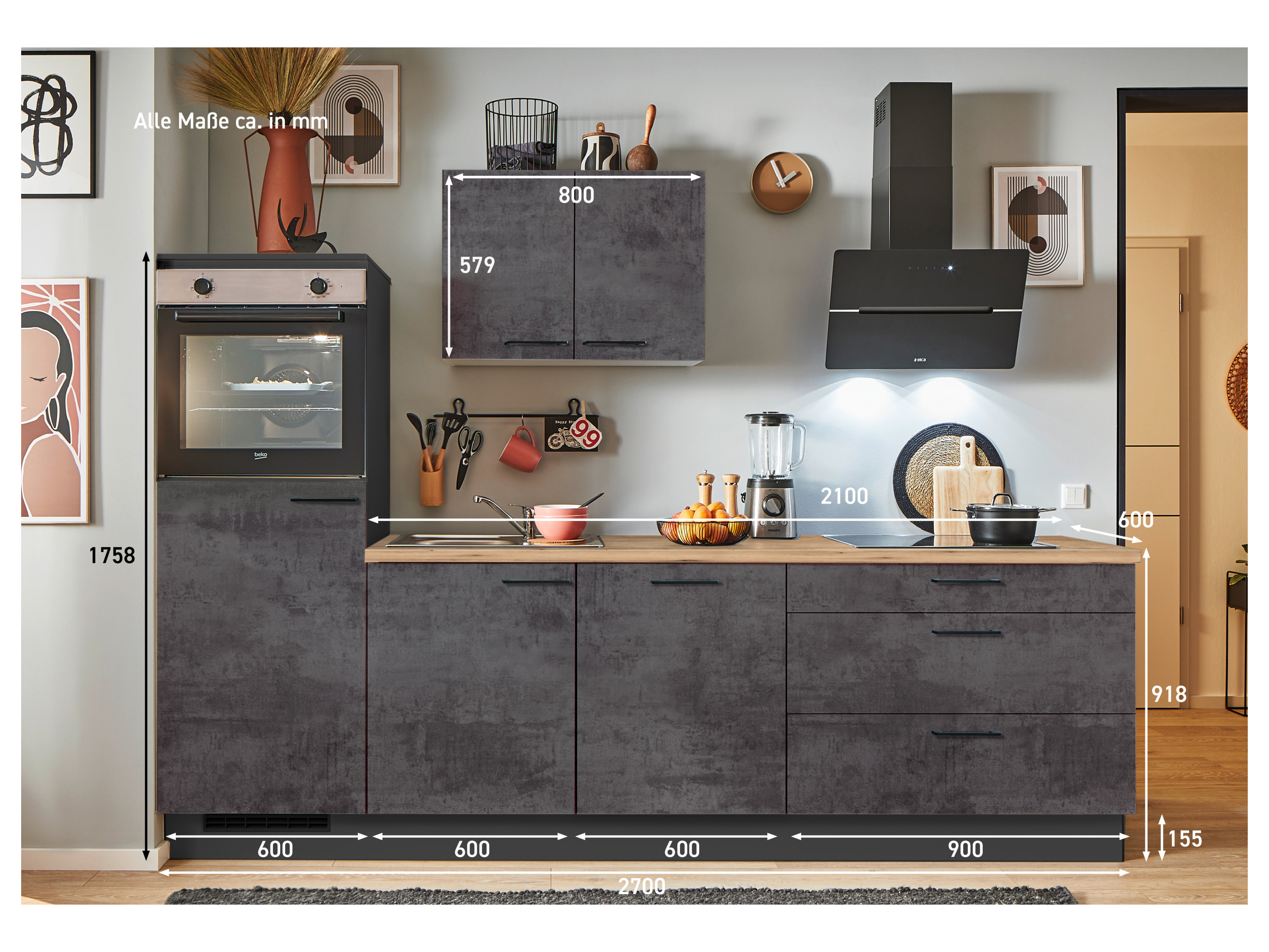 pino Küchen Küchenzeile, 270/280 cm, mit Elektrogeräten (Anschlag links, Beton Grafitgrau, 270 cm)