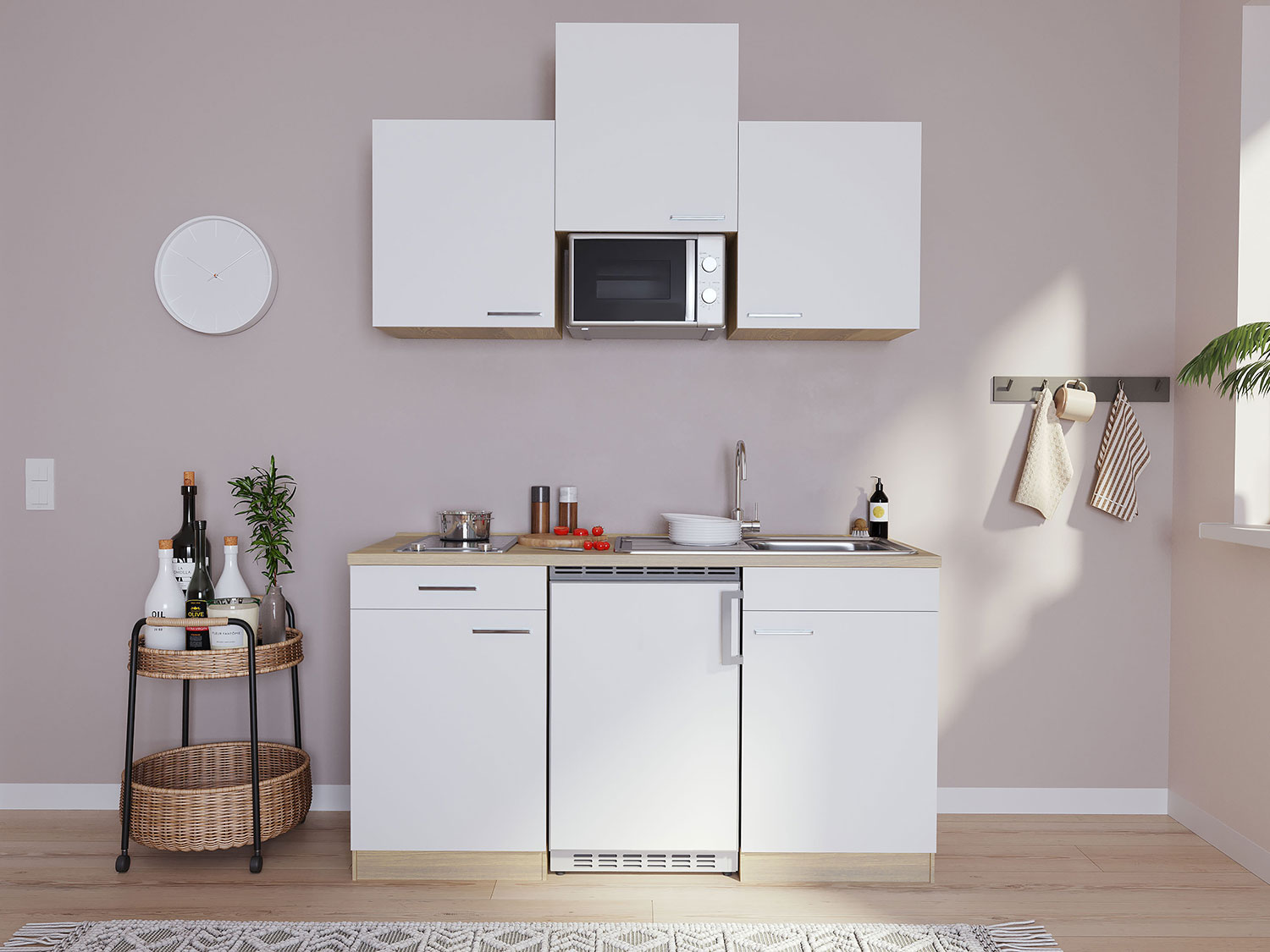 Respekta Singleküche Eiche Sonoma Sägerau 150/160/180cm (mit Mikrowelle, weiß mit Glaskeramikkochfeld, Breite 150cm)