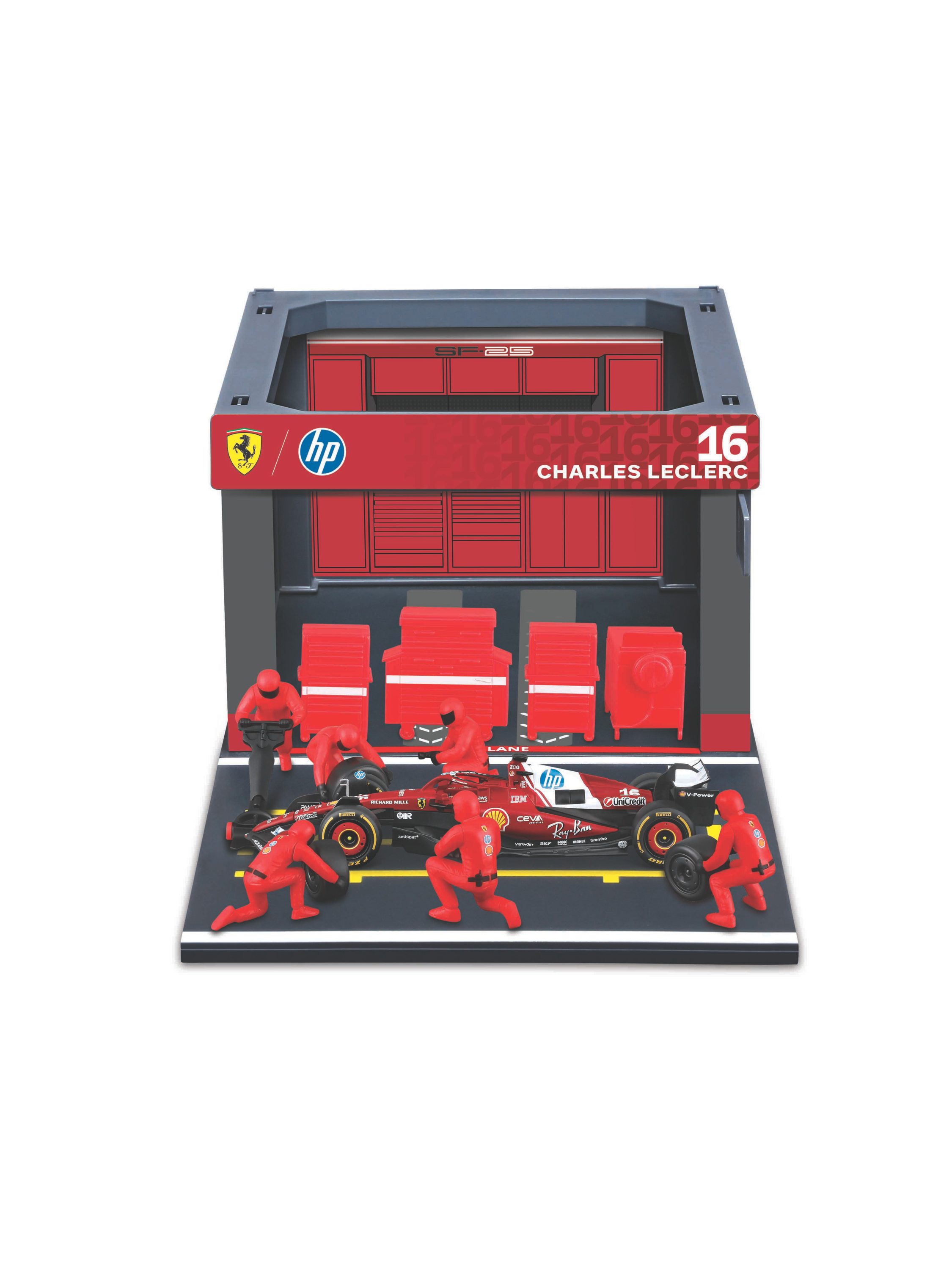 BBURAGO F1 Modellauto Pit Pass, 1:43 (Ferrari SF-25 #16 Leclerc '25)