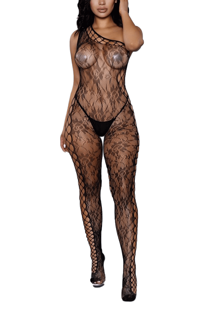 Catsuit mit Blumenmustern und Netzstoff