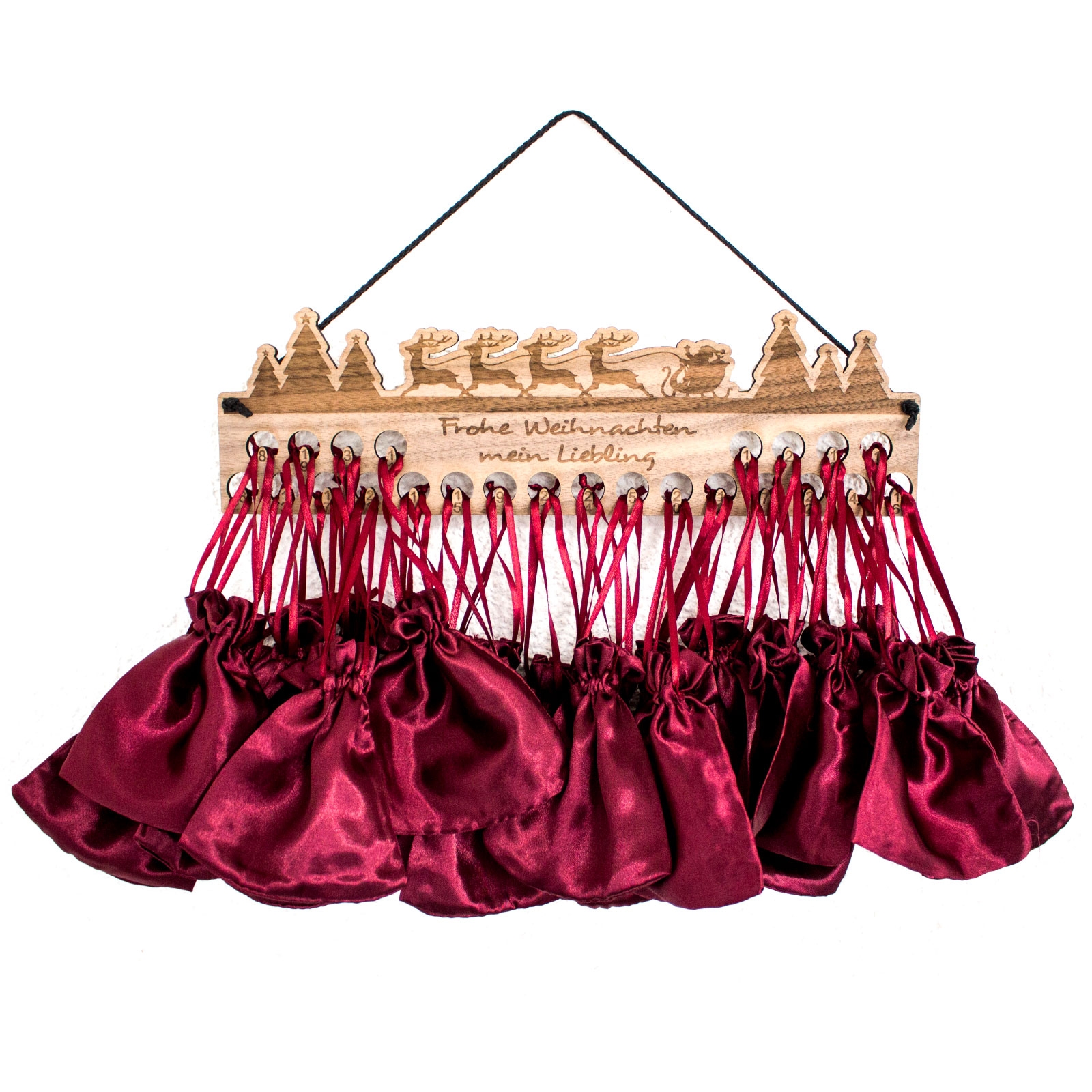 Adventskalender aus Nussbaum mit 24 Geschenksäckchen - individualisierbar