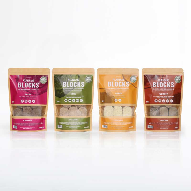 Flavour Blocks Premium Räucherholz - 4x 800g Aroma Citrus, Whiskey, Olive, Grape (Weinrebe)